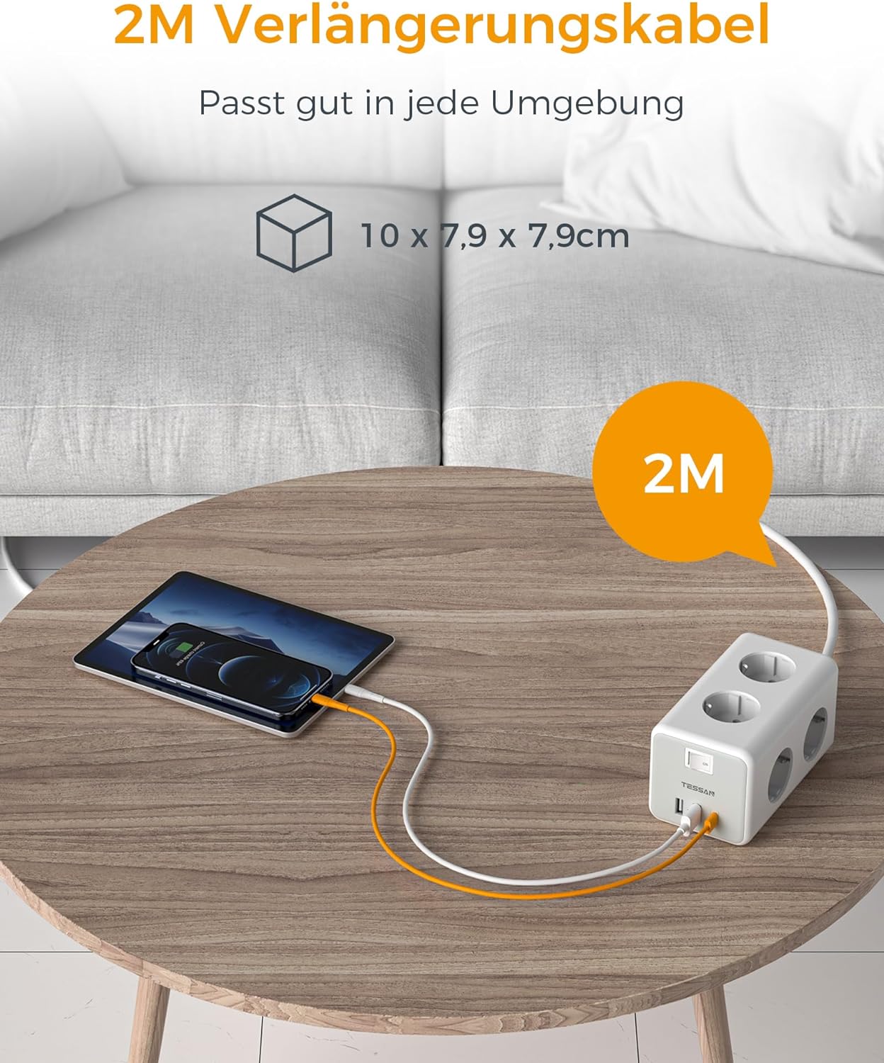 TESSAN 6 Fach Steckdosenleiste mit USB C mit 2m Verlängerungskabel