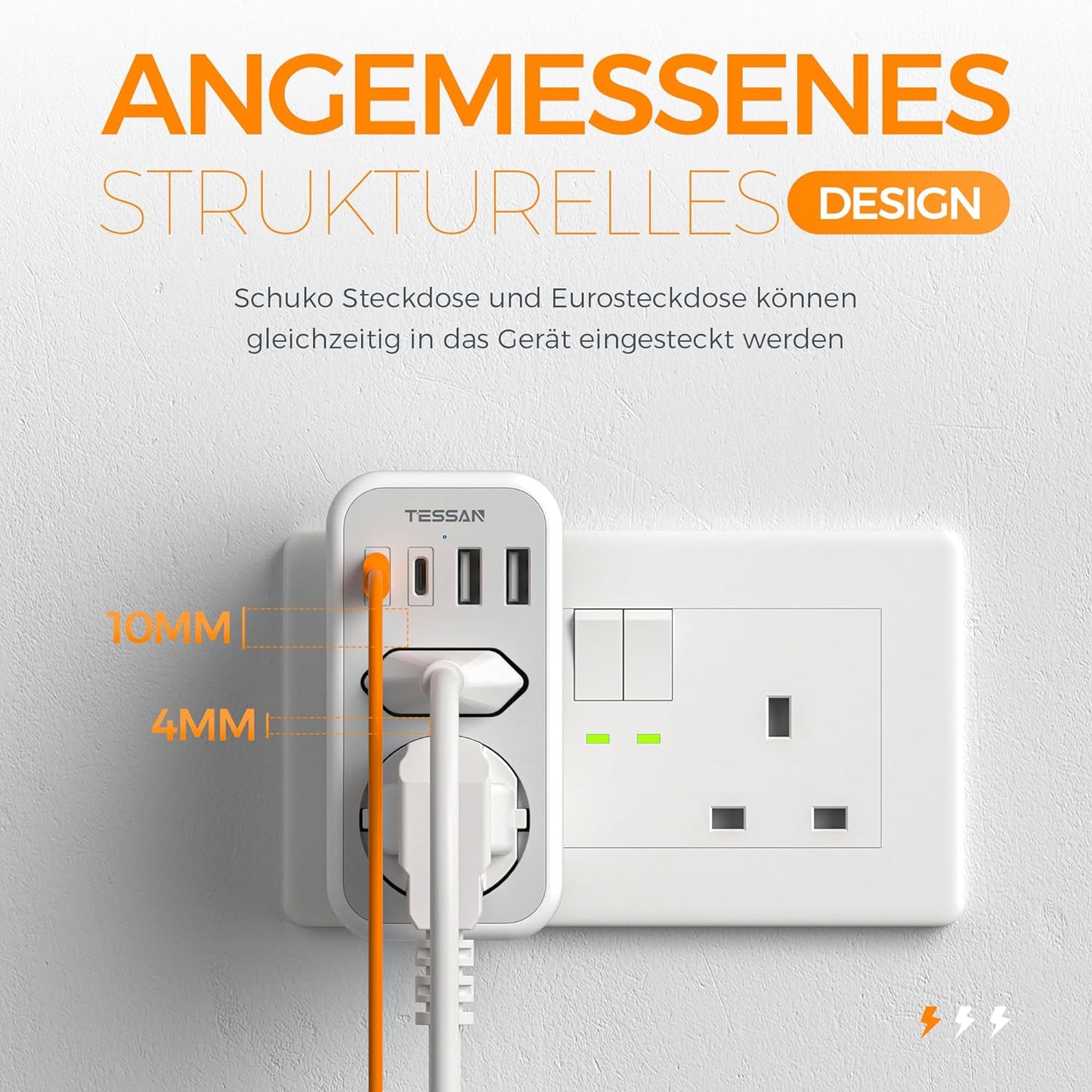 TESSAN 6 in 1 Reiseadapter UK mit 2 USB C und 2 USB A,Typ G