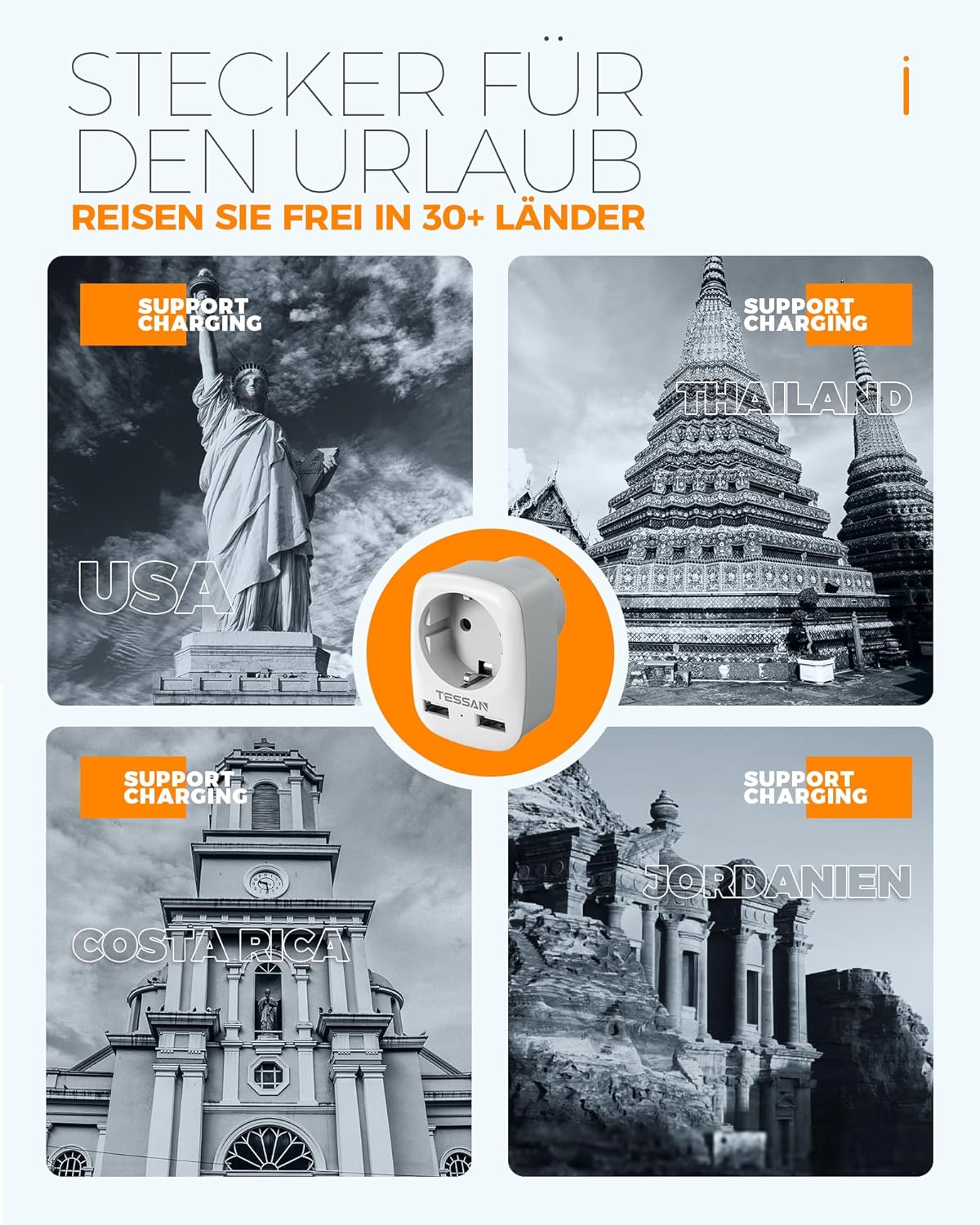 TESSAN Reiseadapter USA Adapter Amerika Deutschland Stecker mit 2 USB 2.4A