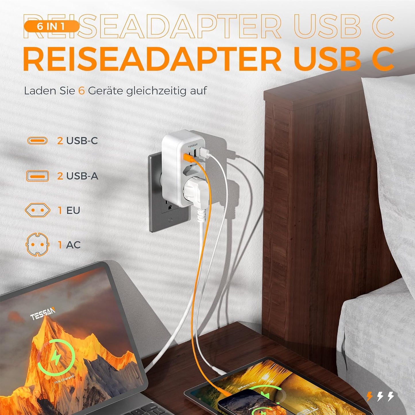 TESSAN 6 in 1 Reiseadapter USA mit 2 USB C und 2 USB A,Stromadapter Typ B