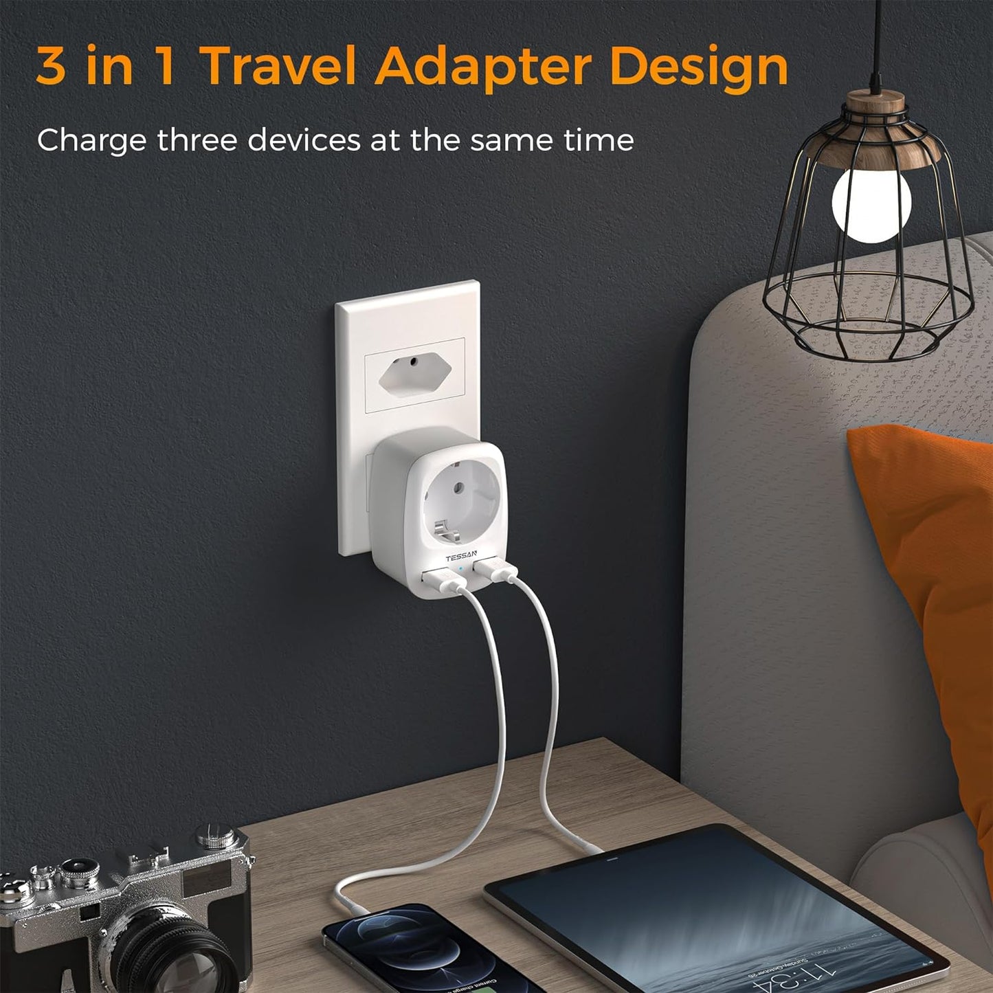 TESSAN Reiseadapter Brasilien mit 2 USB,Typ N Reiseadapter für südafrika,2500W