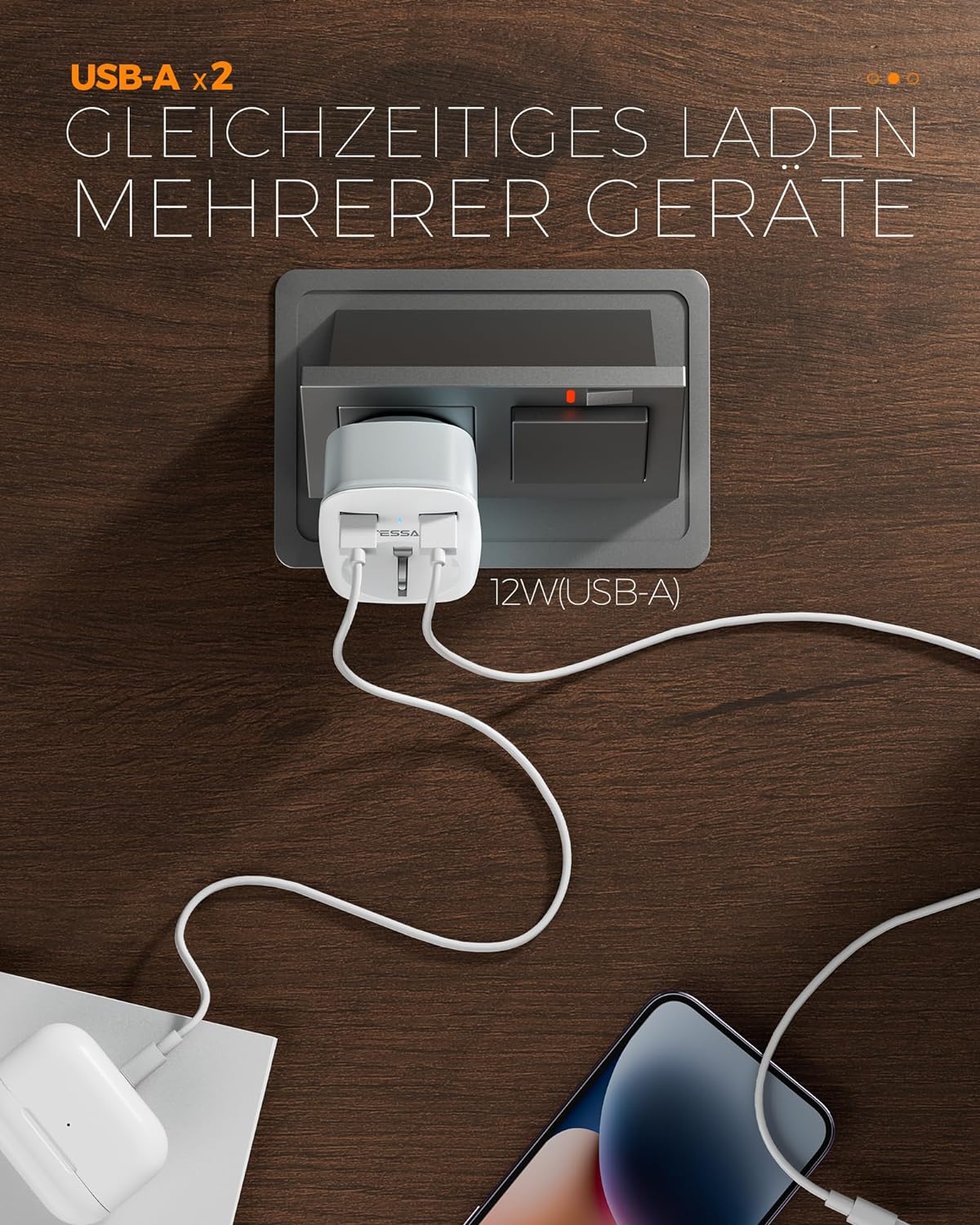 TESSAN Reiseadapter UK Adapter England Deutschland Stecker mit 2 USB 2.4A