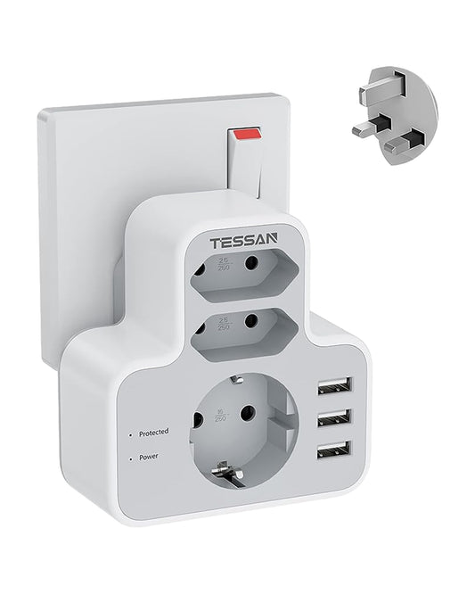 TESSAN England Steckdosenadapter UK Adapter auf EU Adapter mit 3 USB,Typ G