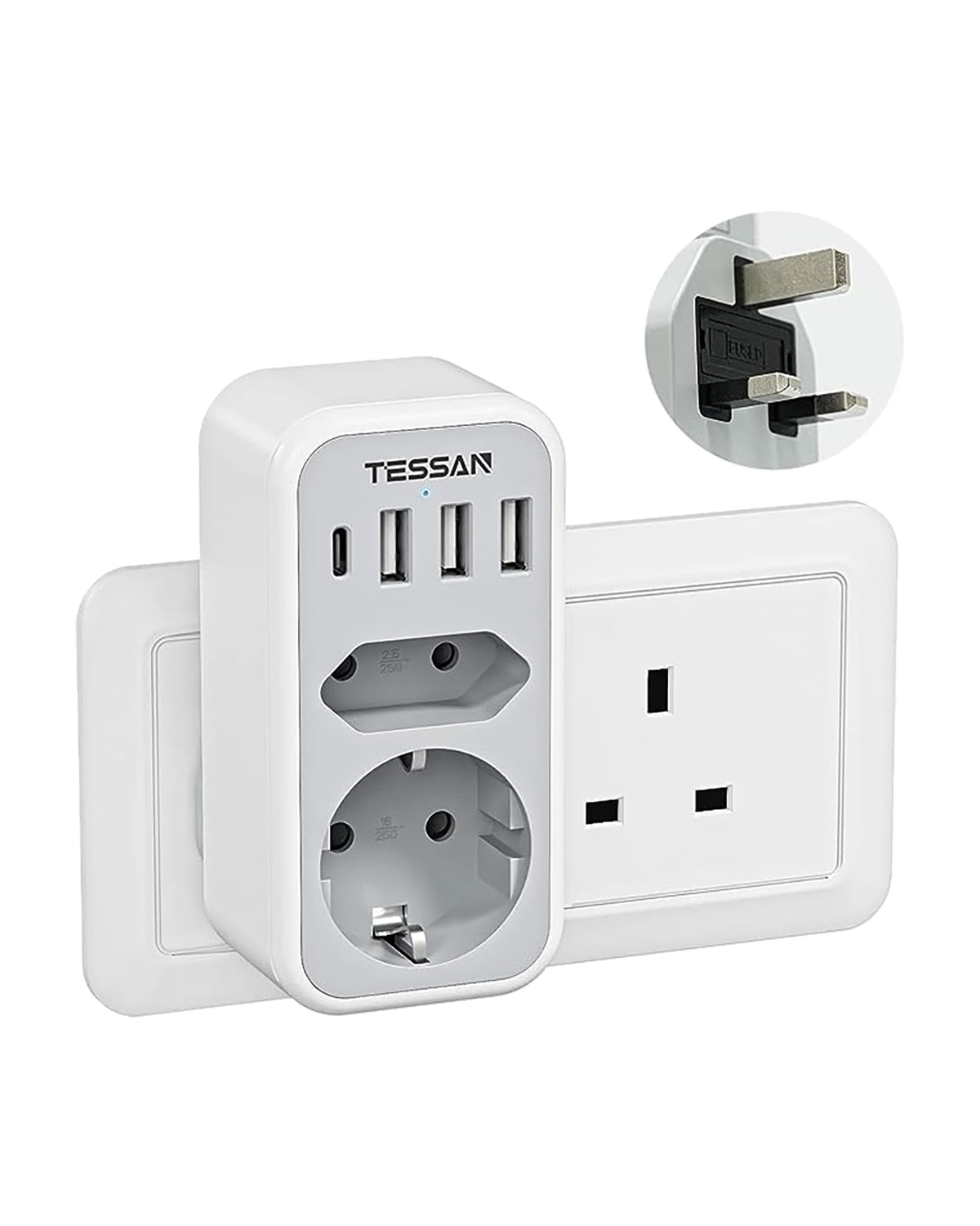 TESSAN UK Adapter England Deutschland Stecker mit 3 USB und 1 USB C