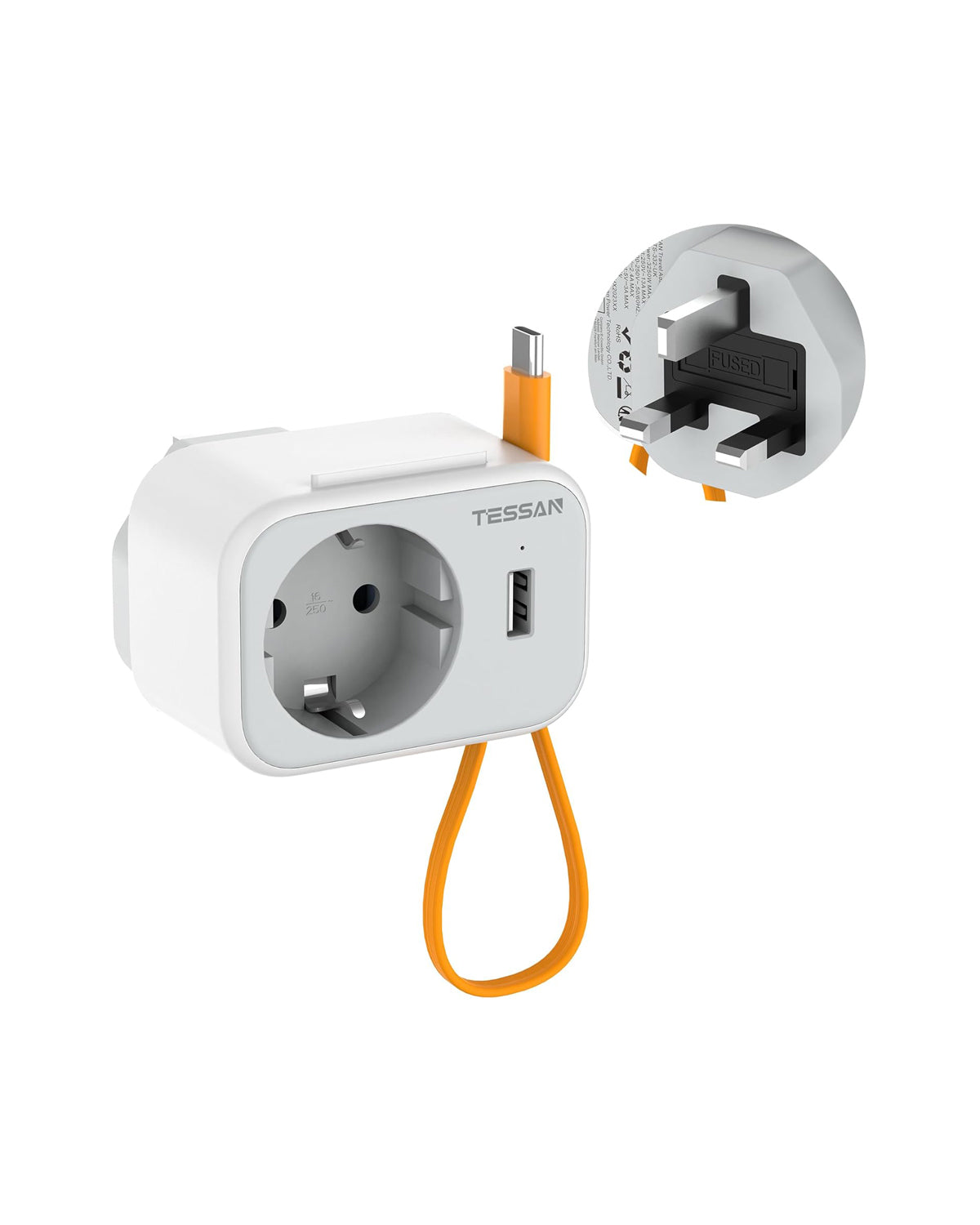 TESSAN 3 in 1 Reisestecker Typ G Steckdosenadapter mit 15 cm USB C Kabel