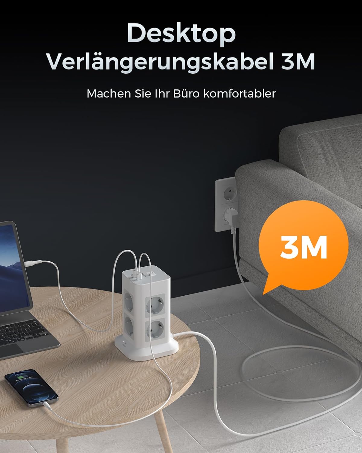 TESSAN 8 Fach Steckdosenleiste USB C Mehrfachstecker,mit 2M Verlängerungskabel