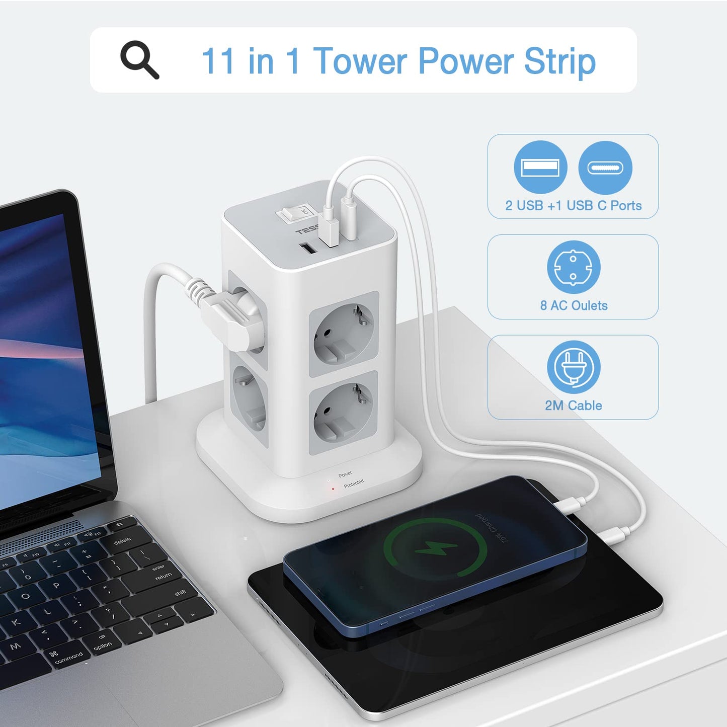 TESSAN 8 Fach Steckdosenleiste USB C Mehrfachstecker,mit 2M Verlängerungskabel