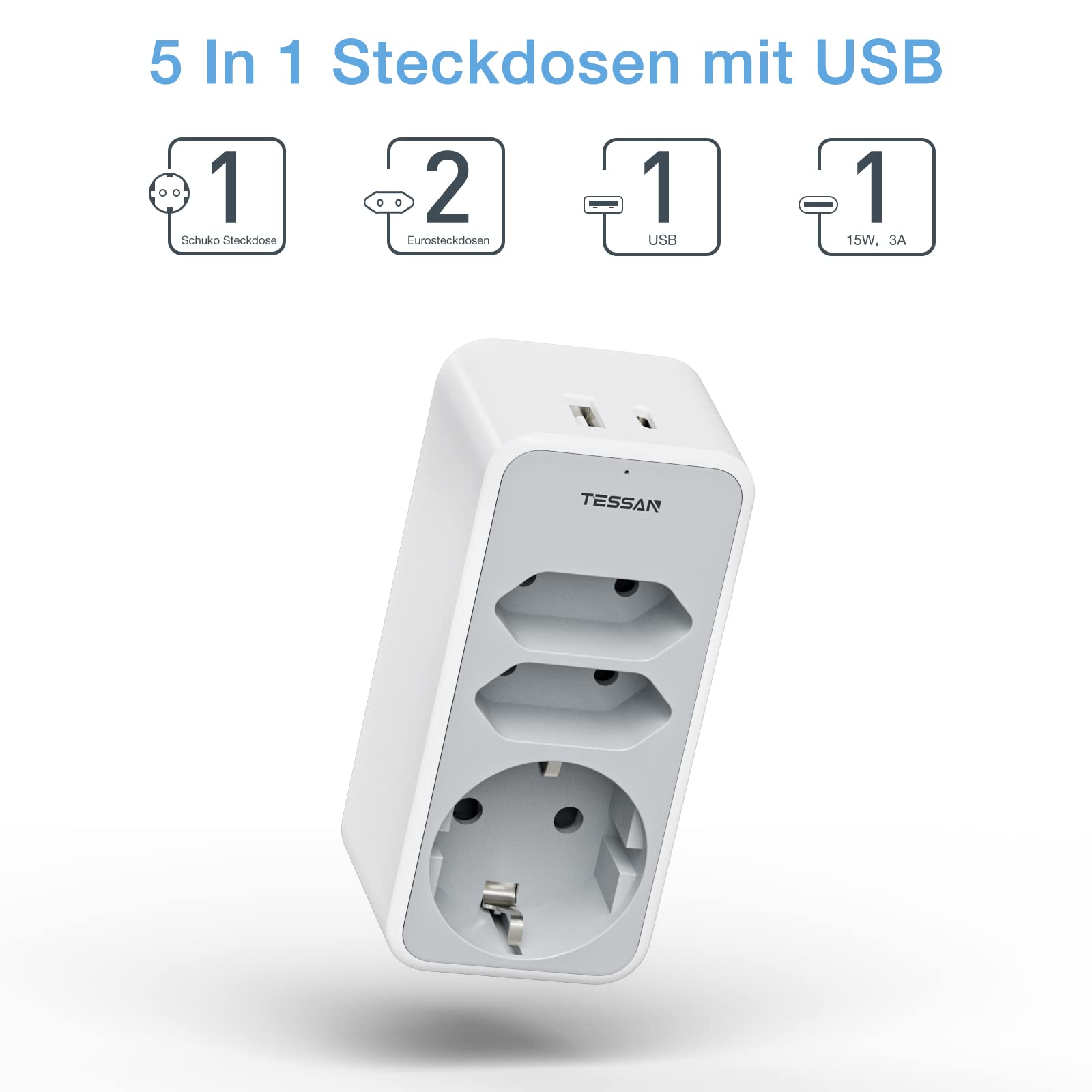 TESSAN 5 in 1 Mehrfachstecker für Steckdose,für Doppelsteckdose mit USB-C-Buchse