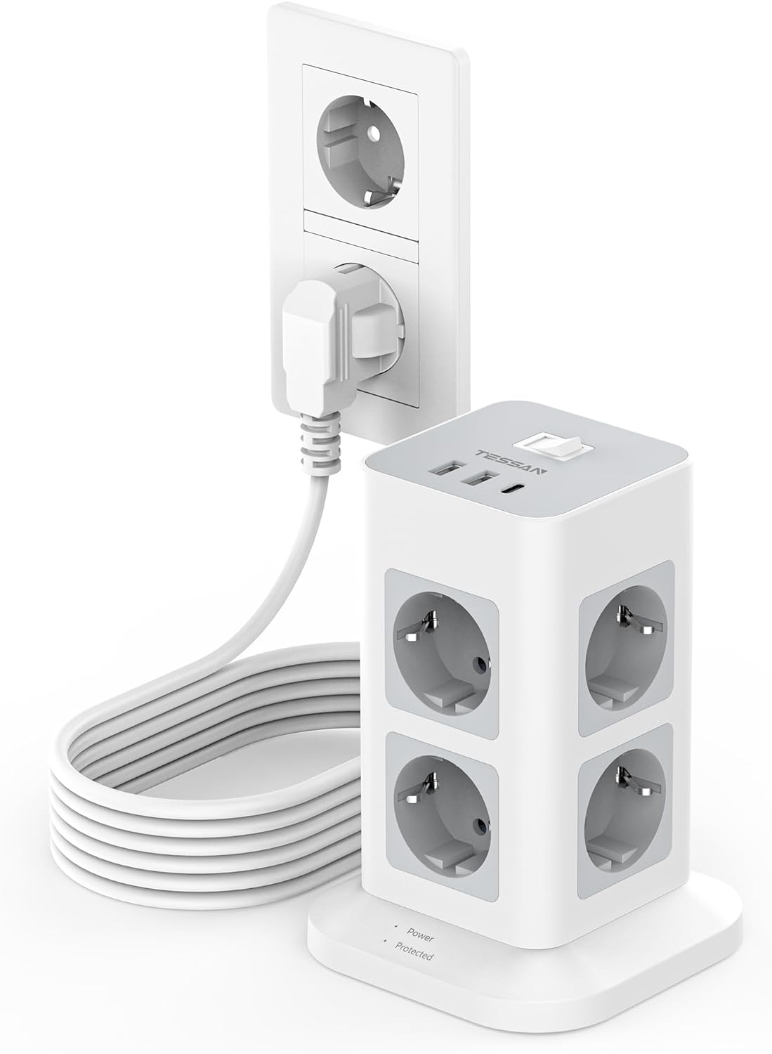 TESSAN 8 Fach Steckdosenleiste USB C Mehrfachstecker,mit 2M Verlängerungskabel