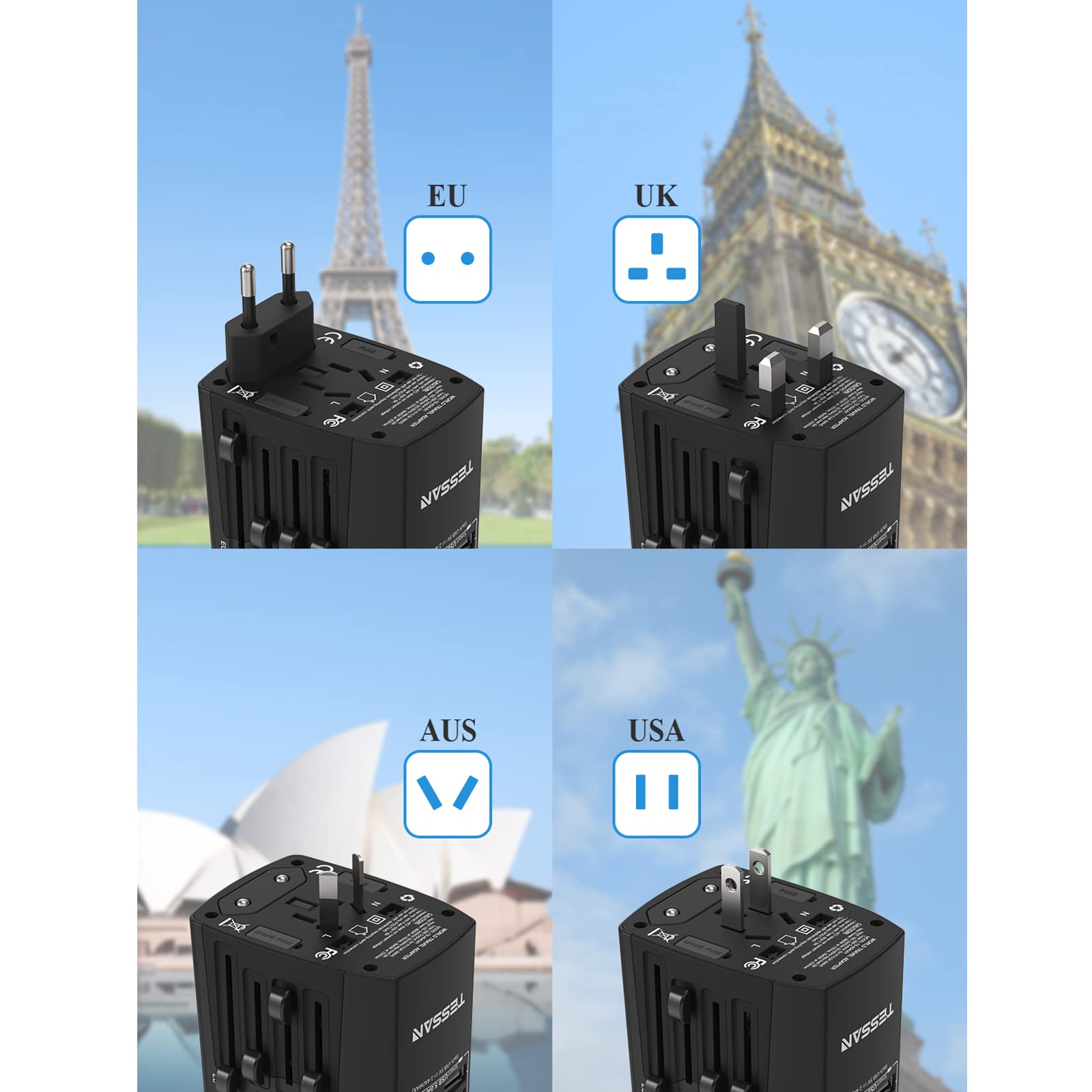 TESSAN Universal Reiseadapter Steckdosenadapter Weltweit mit 4 USB