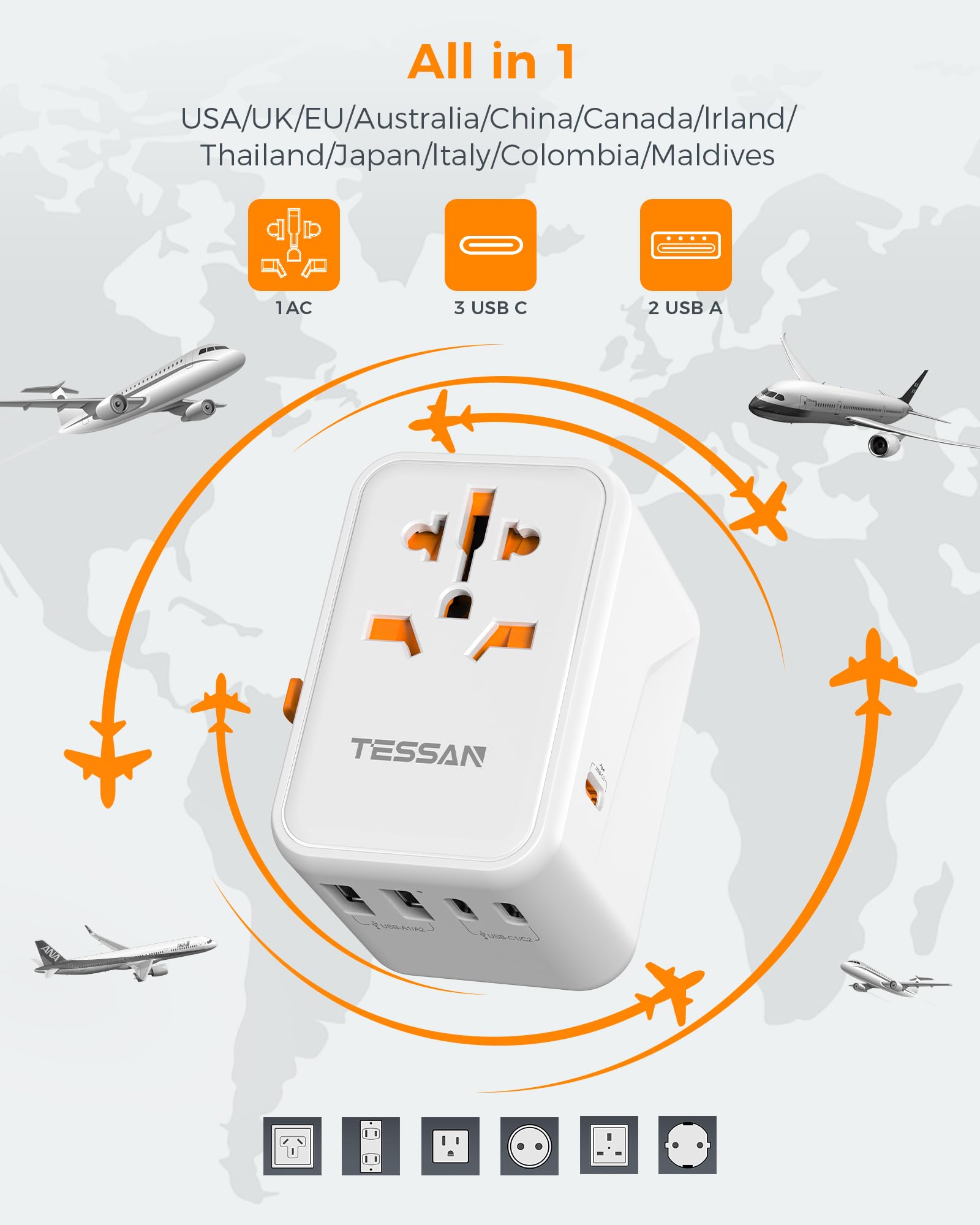 TESSAN Reiseadapter Weltweit mit 2 USB und 3 USB C,65W GaN Travel Adapter Schnellladegerät