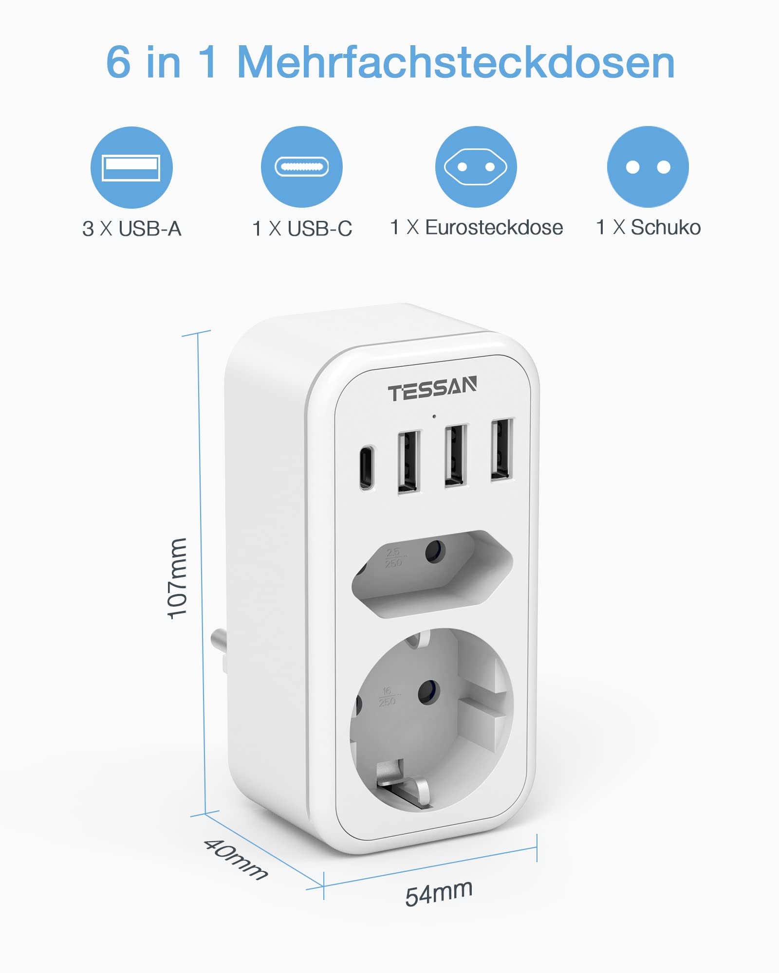 TESSAN Doppel Steckdose Adapter mit 2 Buchse, 3 USB EINE