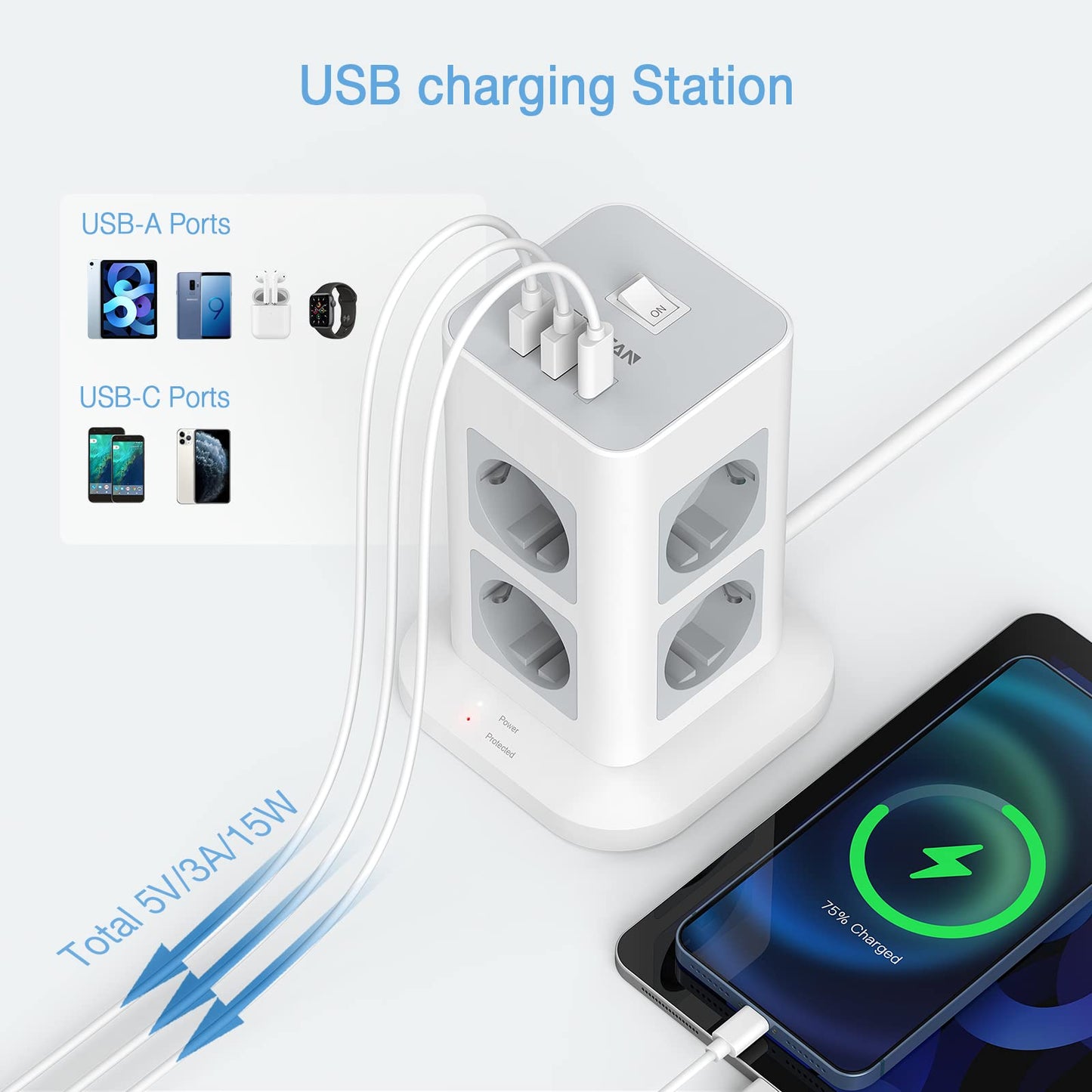 TESSAN 8 Fach Steckdosenleiste USB C Mehrfachstecker,mit 2M Verlängerungskabel