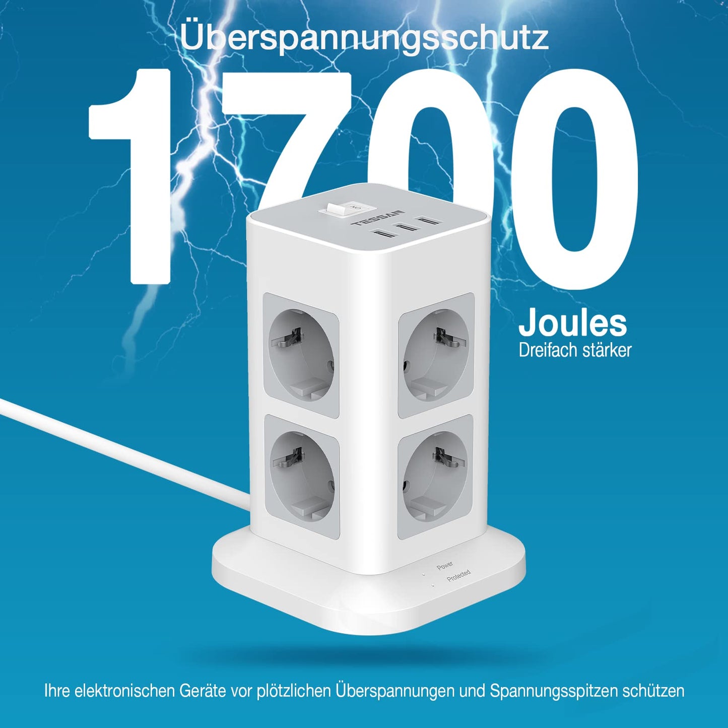 TESSAN 8 Fach Steckdosenleiste Überspannungsschutz mit 3 USB
