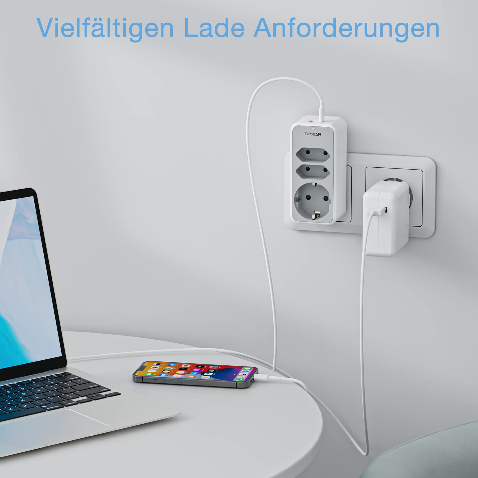 TESSAN 5 in 1 Mehrfachstecker für Steckdose,für Doppelsteckdose mit USB-C-Buchse