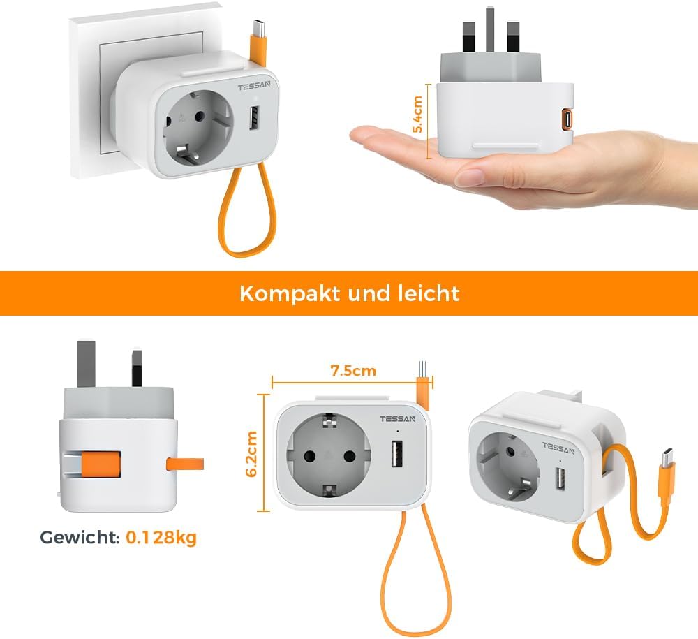 TESSAN 3 in 1 Reisestecker Typ G Steckdosenadapter mit 15 cm USB C Kabel