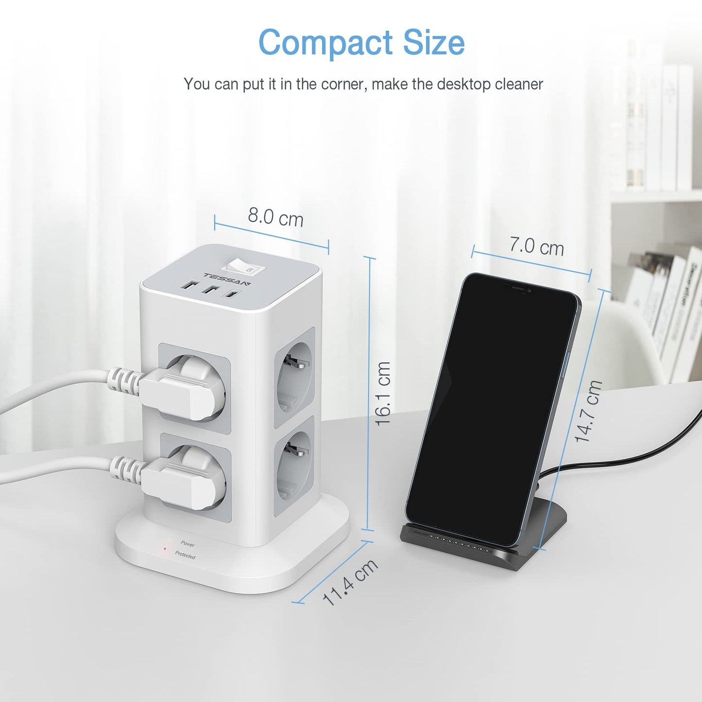 TESSAN 8 Fach Steckdosenleiste USB C Mehrfachstecker,mit 2M Verlängerungskabel