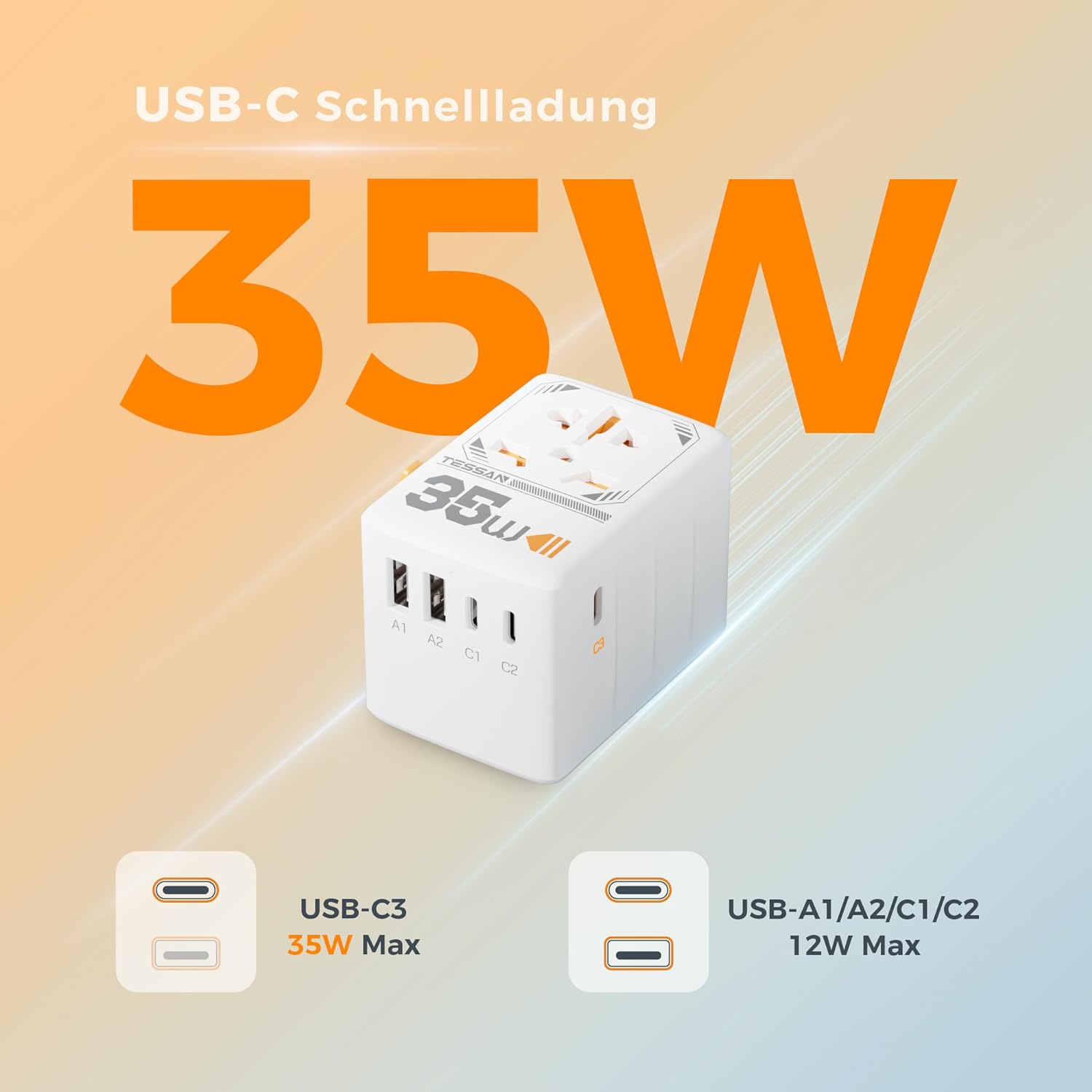 TESSAN 35W Reiseadapter Weltweit mit USB C, Schnellladung USB C Adapter