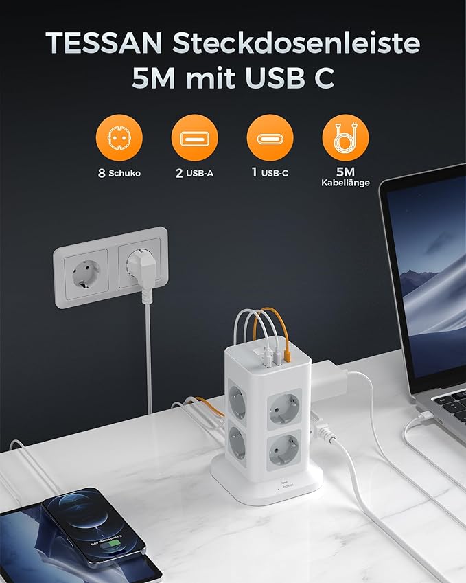 TESSAN 8 Fach Steckdosenleiste USB C Mehrfachstecker,mit 2M Verlängerungskabel
