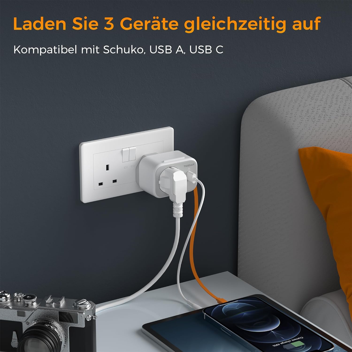 TESSAN 3 in 1 Reisestecker Typ G Steckdosenadapter mit 15 cm USB C Kabel