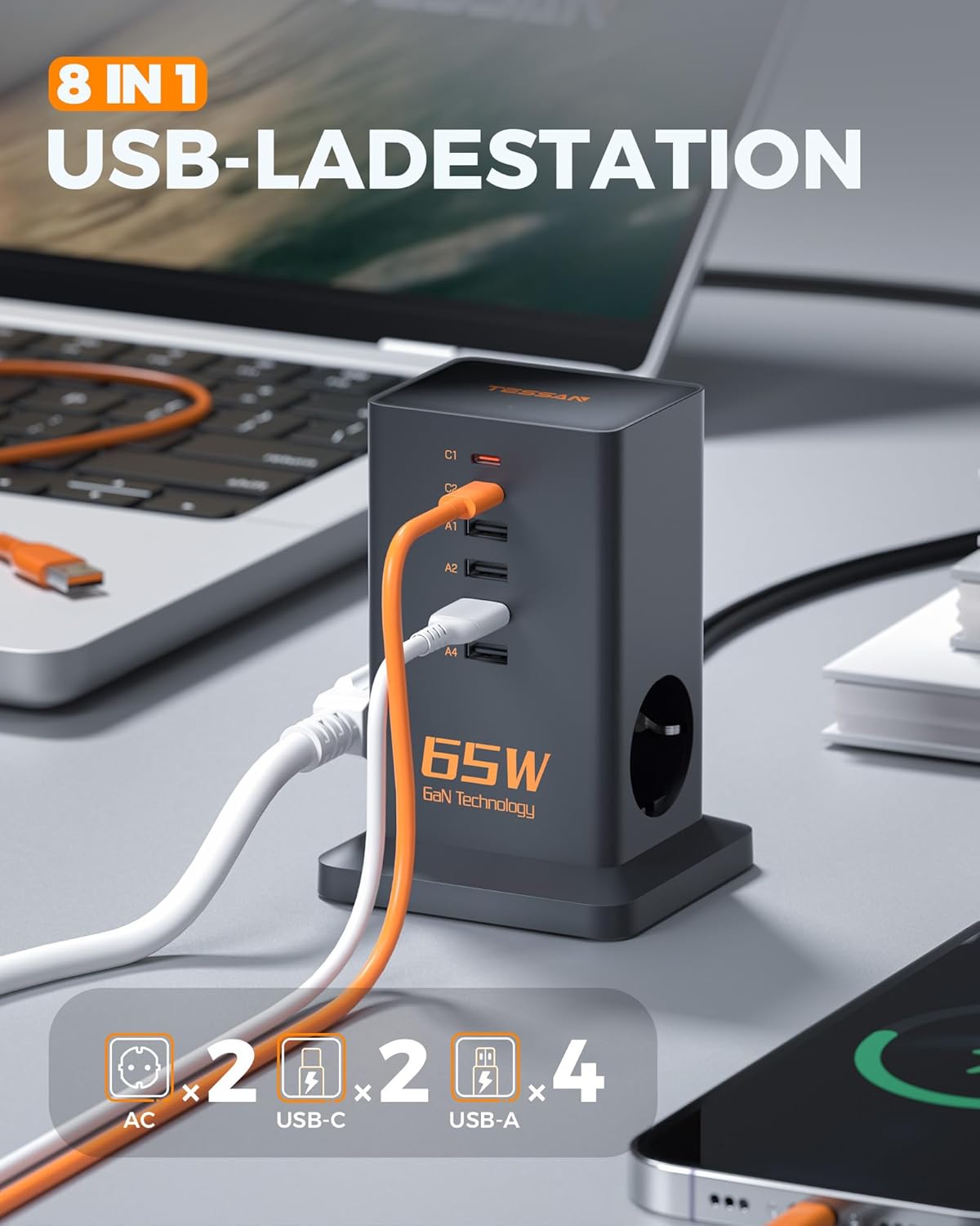 TESSAN 65W GaN USB-C Ladestation mit 2 AC-Steckplätzen