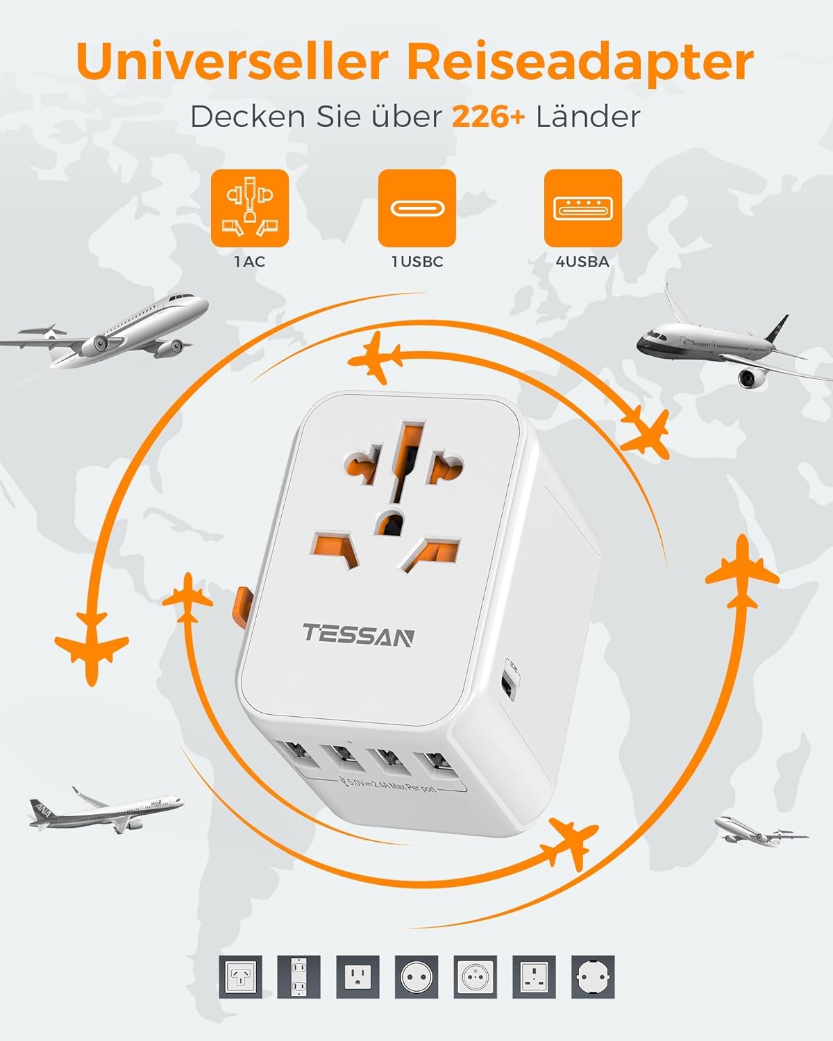 TESSAN Reiseadapter Weltweit USB C 30W, Travel Adapter mit 4 USB und 1 USB C