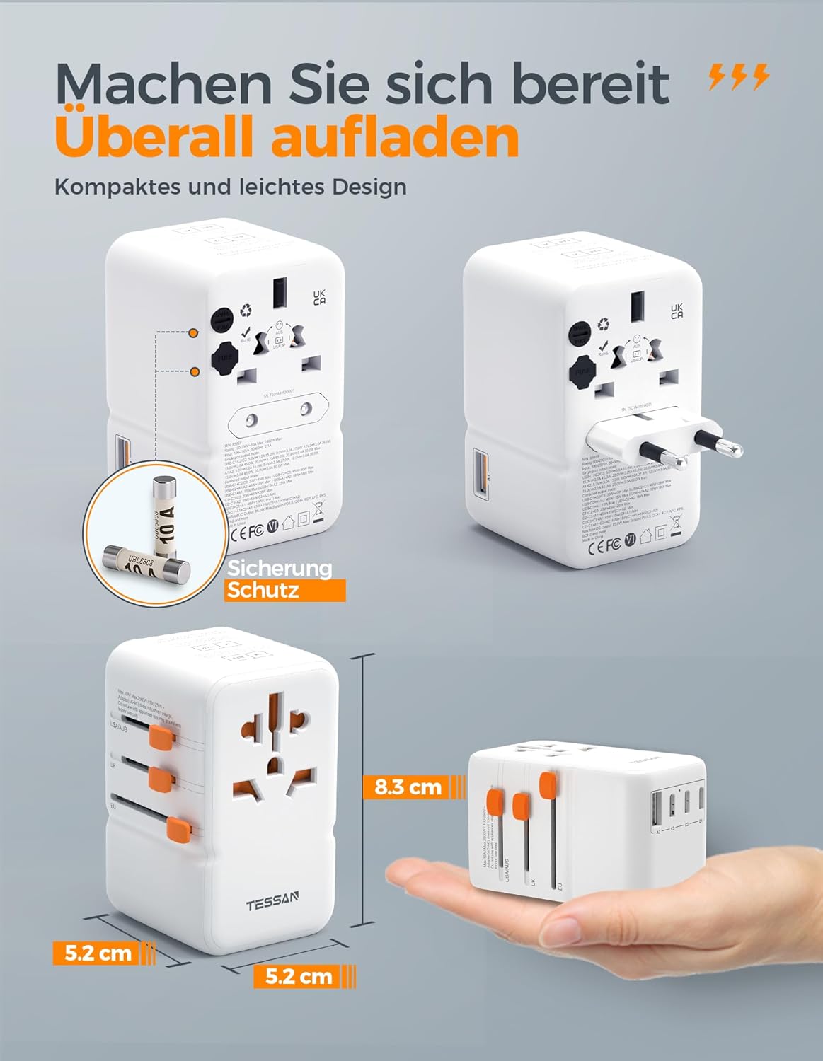TESSAN 85W GaN Universal Reiseadapter mit 5 USB-Ports