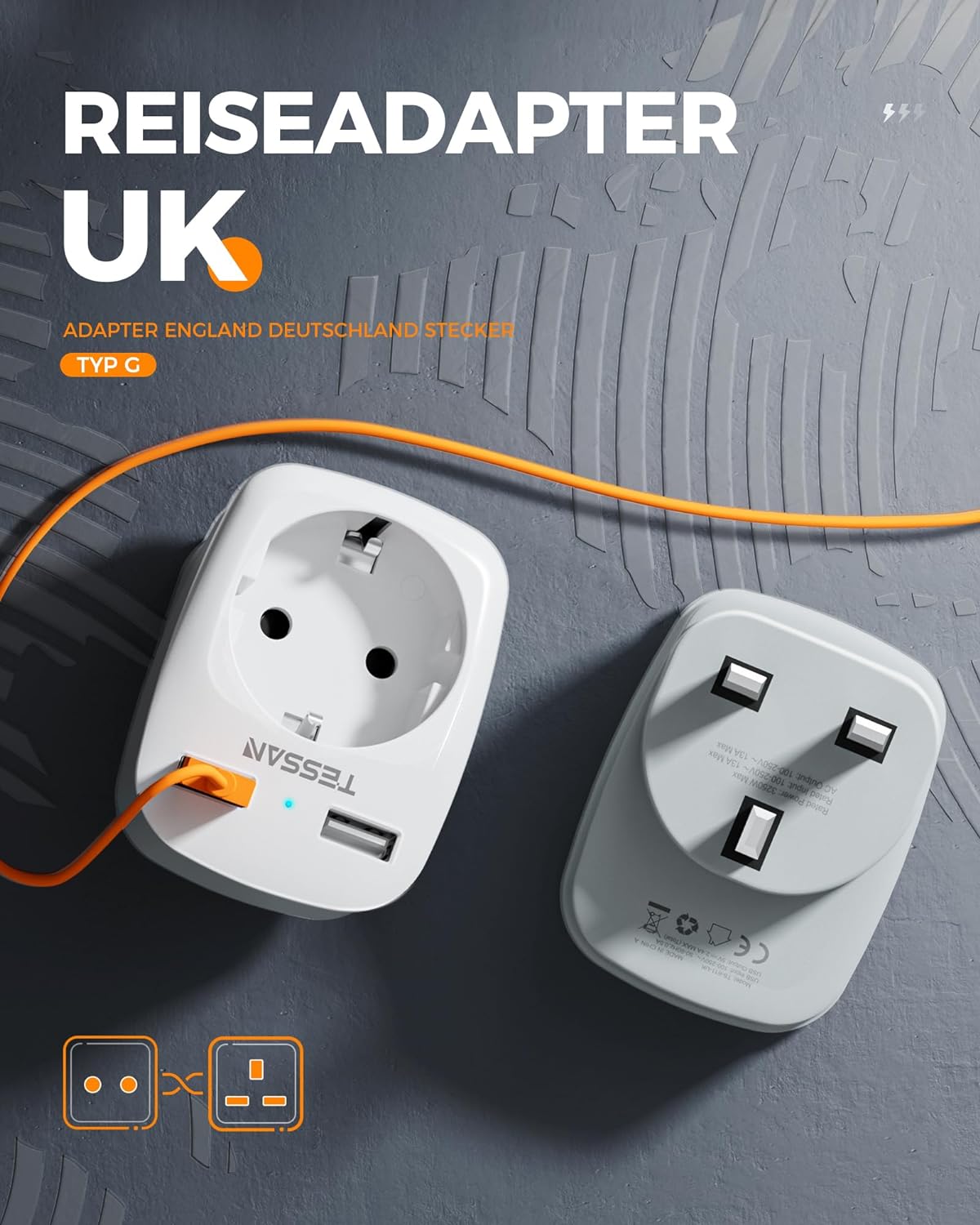 TESSAN Reiseadapter UK Adapter England Deutschland Stecker mit 2 USB 2.4A