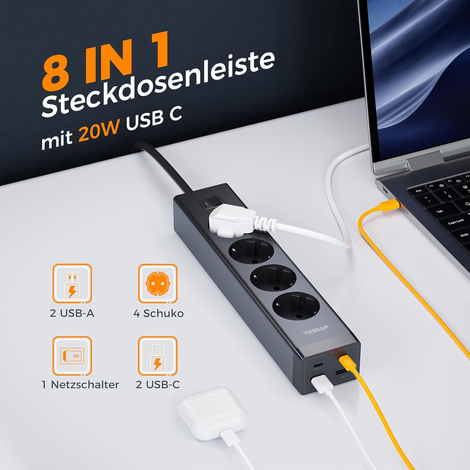 TESSAN 20W GaN USB-C Mehrfachsteckdose mit 4 AC-Fach