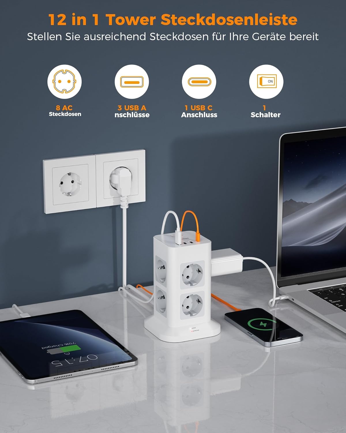 TESSAN 8-Fach Steckdosenturm mit USB-C TPS05