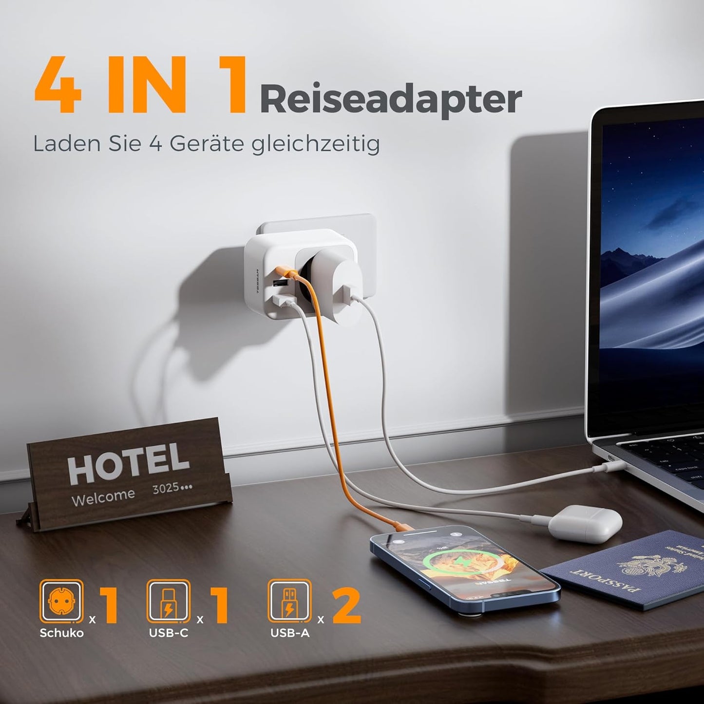 TESSAN Reiseadapter Italien Typ L mit USB-C Schnellladefunktion