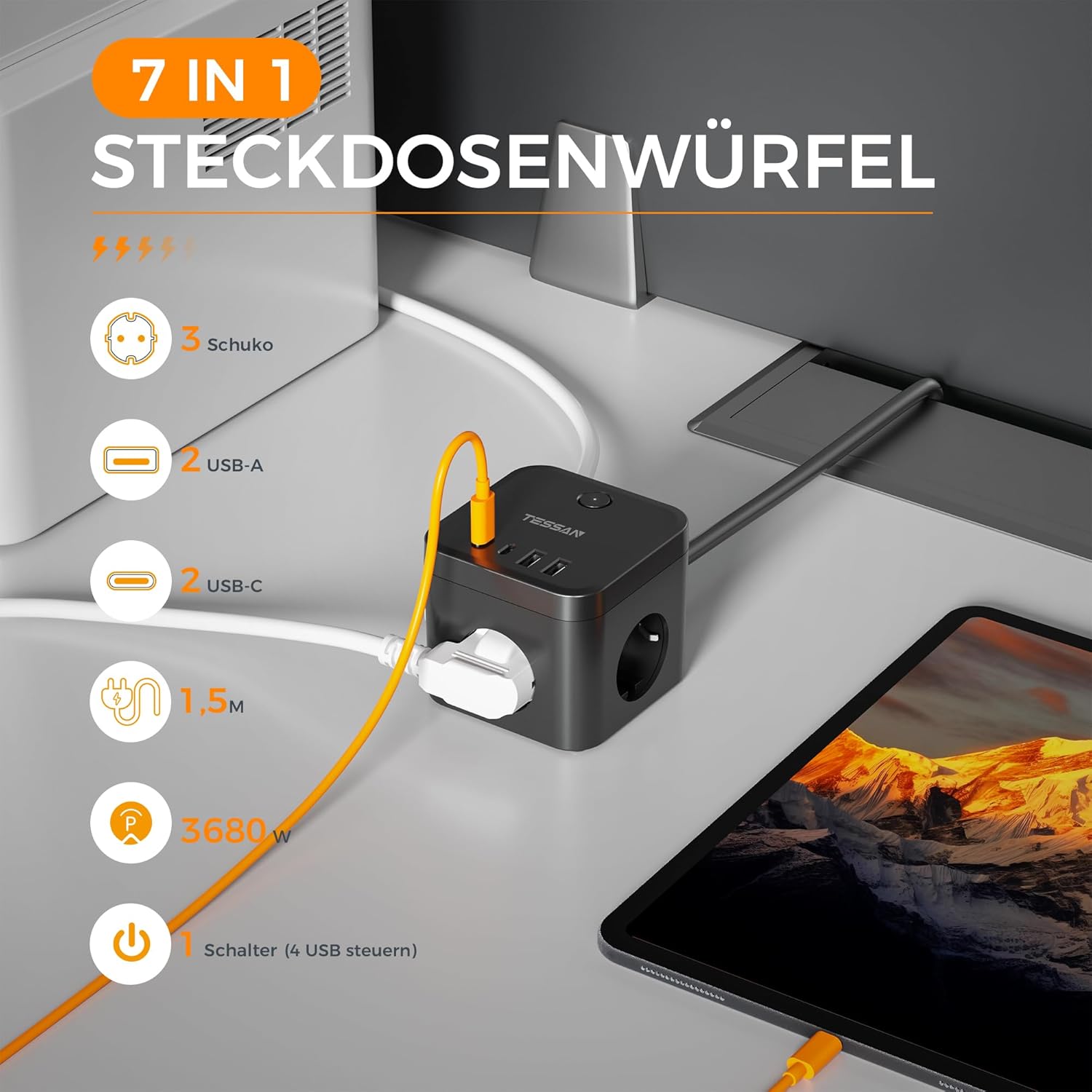 TESSAN Flachstecker Steckdosenleiste mit PD 20W & 4 USB