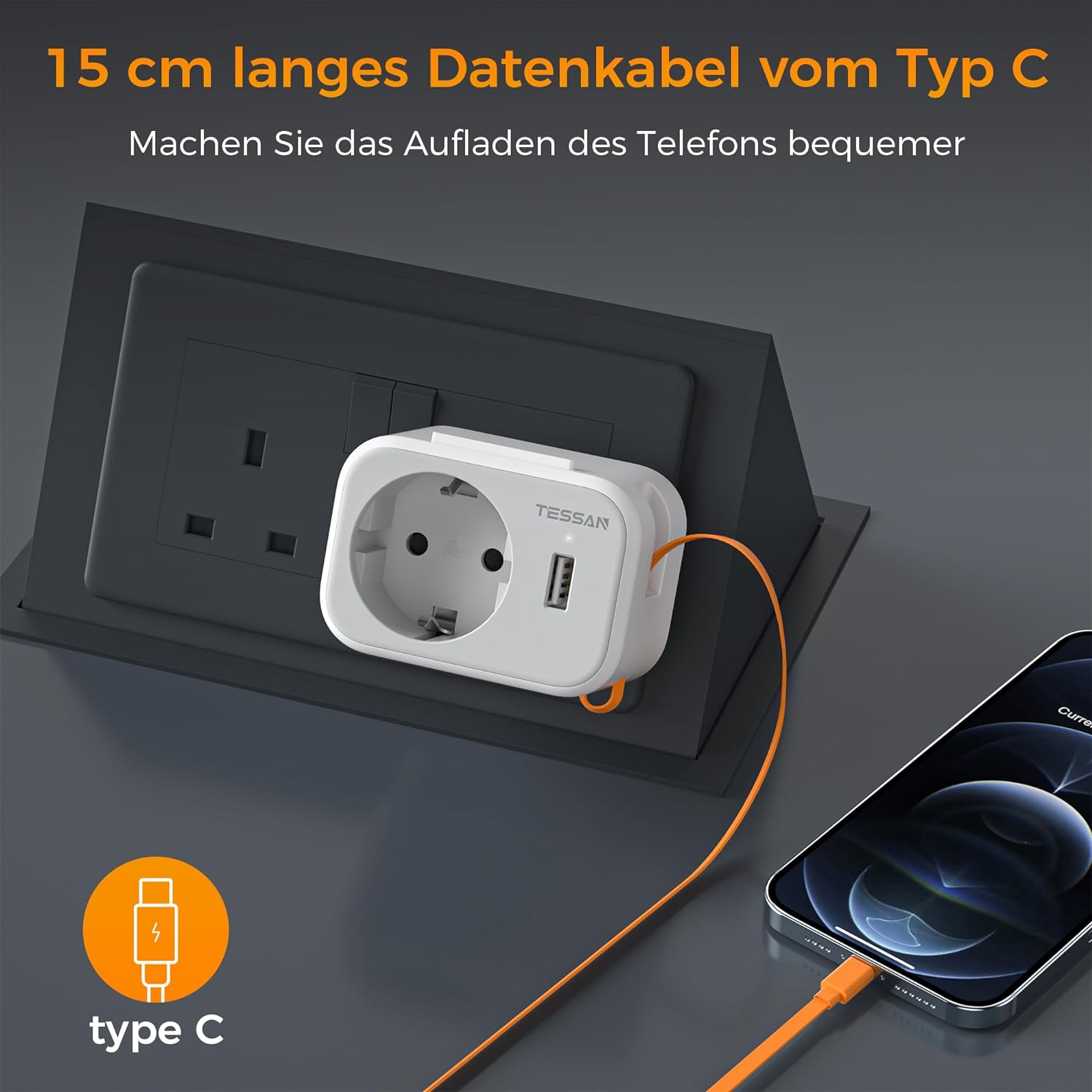 TESSAN 3 in 1 Reisestecker Typ G Steckdosenadapter mit 15 cm USB C Kabel