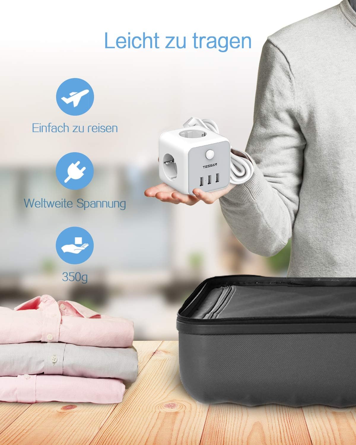 TESSAN Mehrfachsteckdose mit USB Würfel Verlängerungskabel 1,5m,Gray