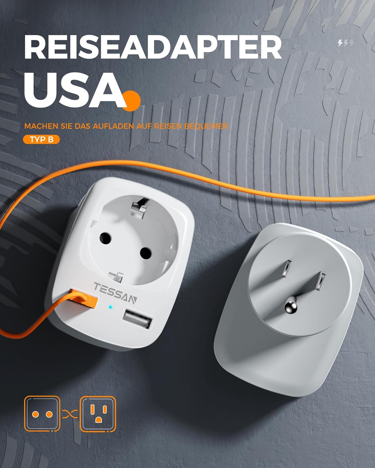 TESSAN Reiseadapter USA Adapter Amerika Deutschland Stecker mit 2 USB 2.4A