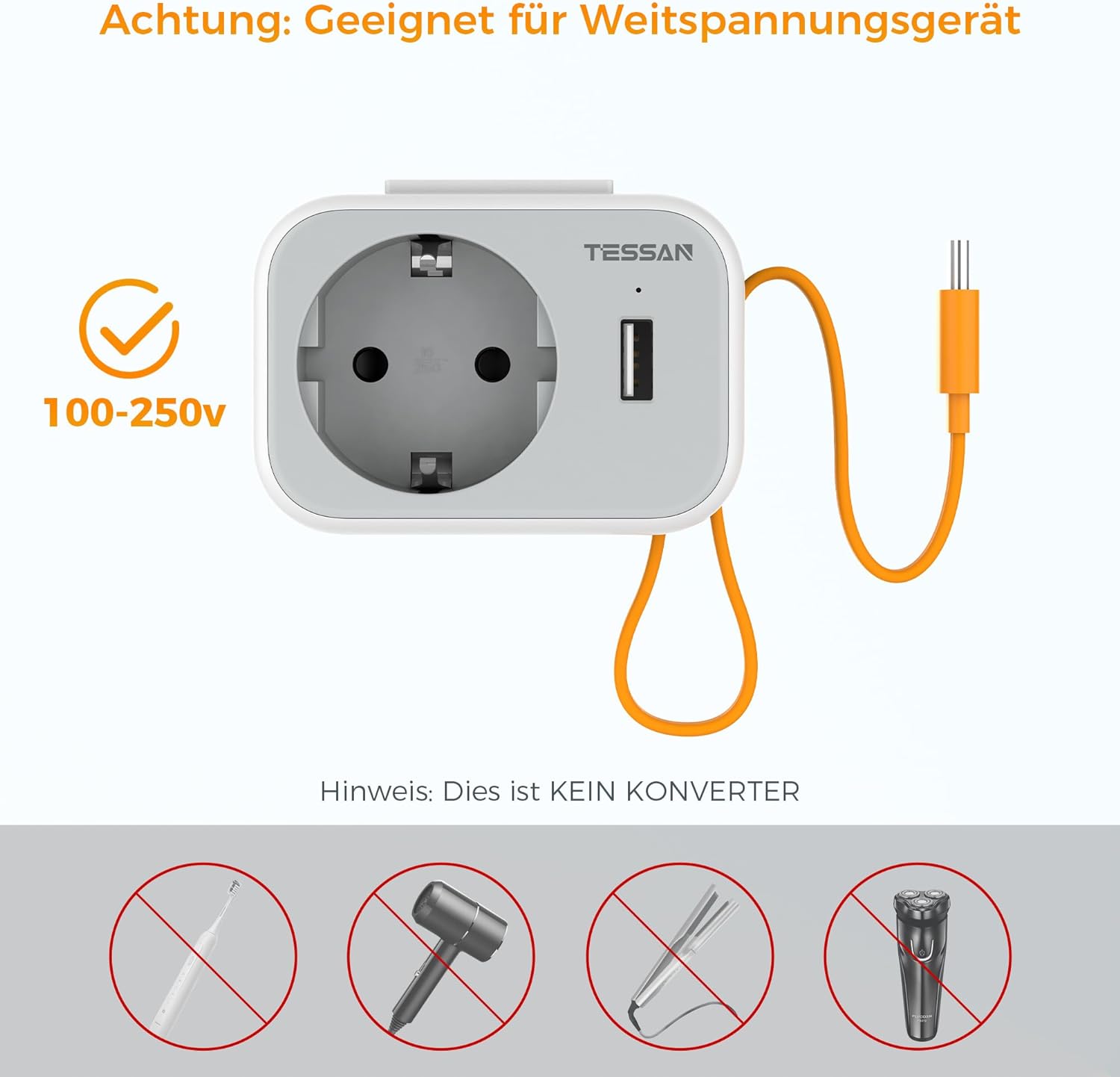 TESSAN 3 in 1 Reisestecker Typ G Steckdosenadapter mit 15 cm USB C Kabel