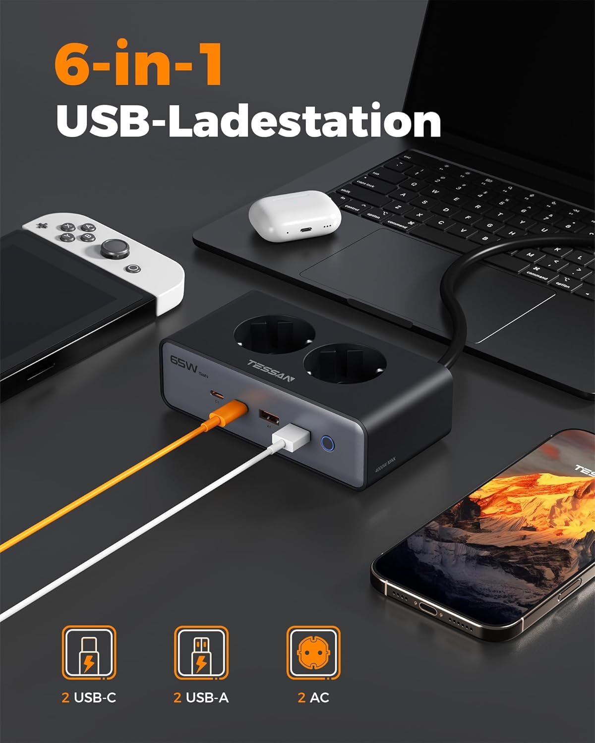 TESSAN 65W GaN USB-C Mehrfachsteckdose mit 4000W Leistung