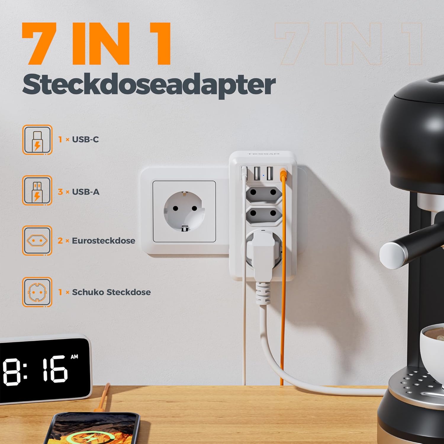 TESSAN Doppelsteckdose 4000W mit 4 USB und Schalter-Option