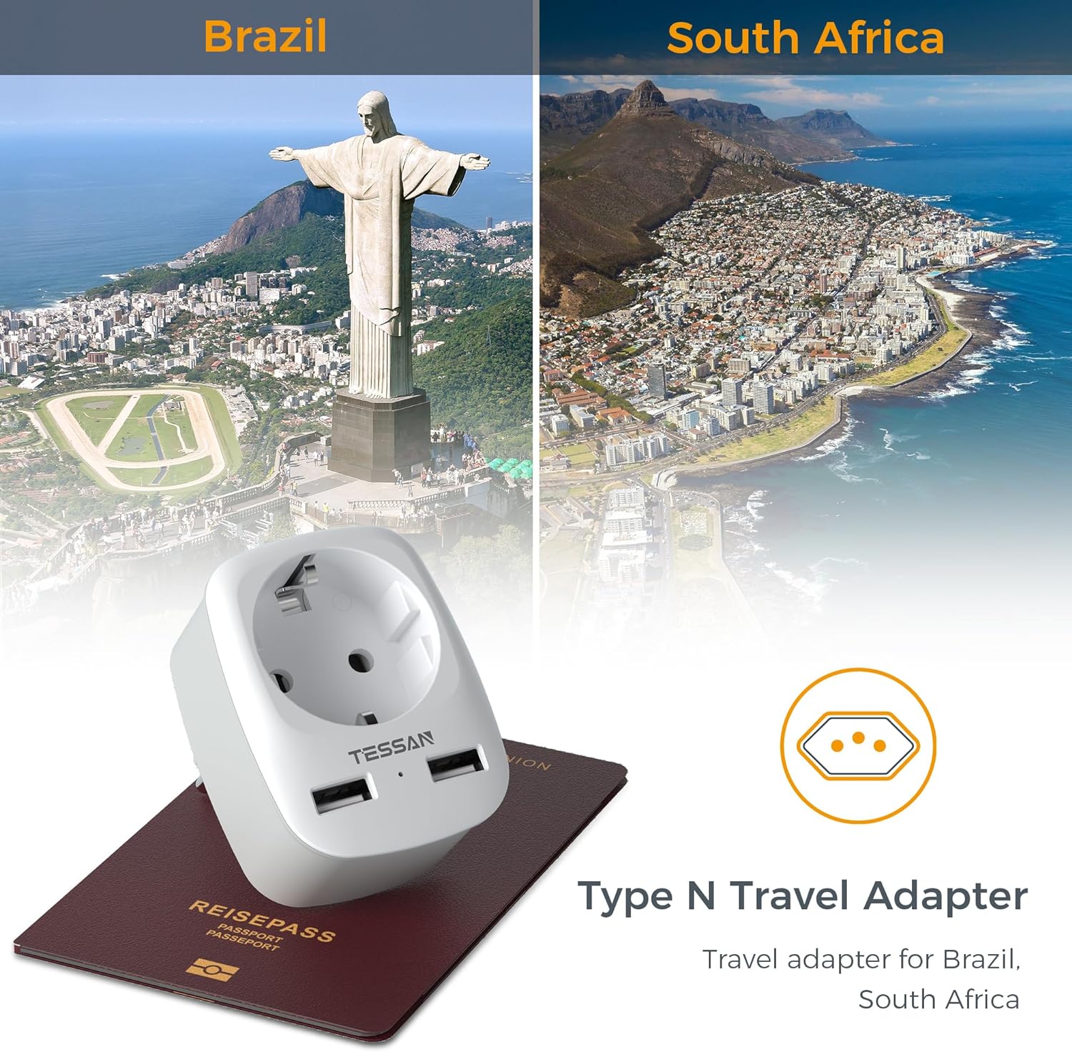 TESSAN Reiseadapter Brasilien mit 2 USB,Typ N Reiseadapter für südafrika,2500W