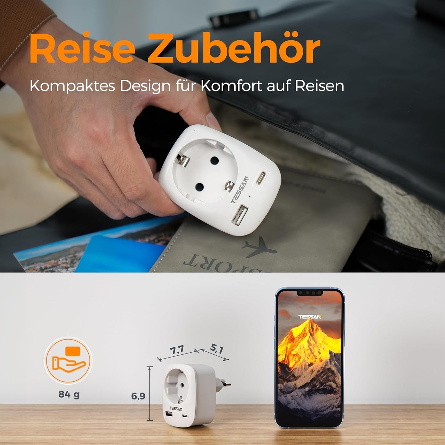 TESSAN 3 in 1 Reiseadapter Brasilien mit USB C