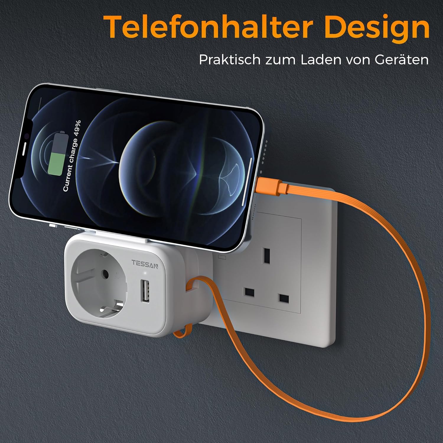 TESSAN 3 in 1 Reisestecker Typ G Steckdosenadapter mit 15 cm USB C Kabel