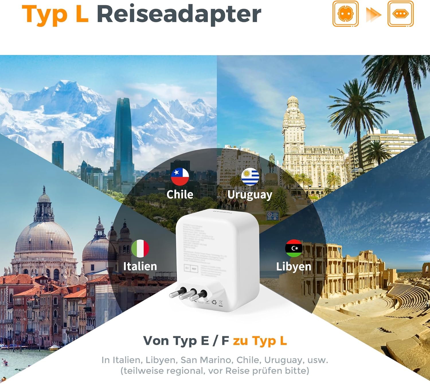 TESSAN Reiseadapter Italien Typ L mit USB-C Schnellladefunktion