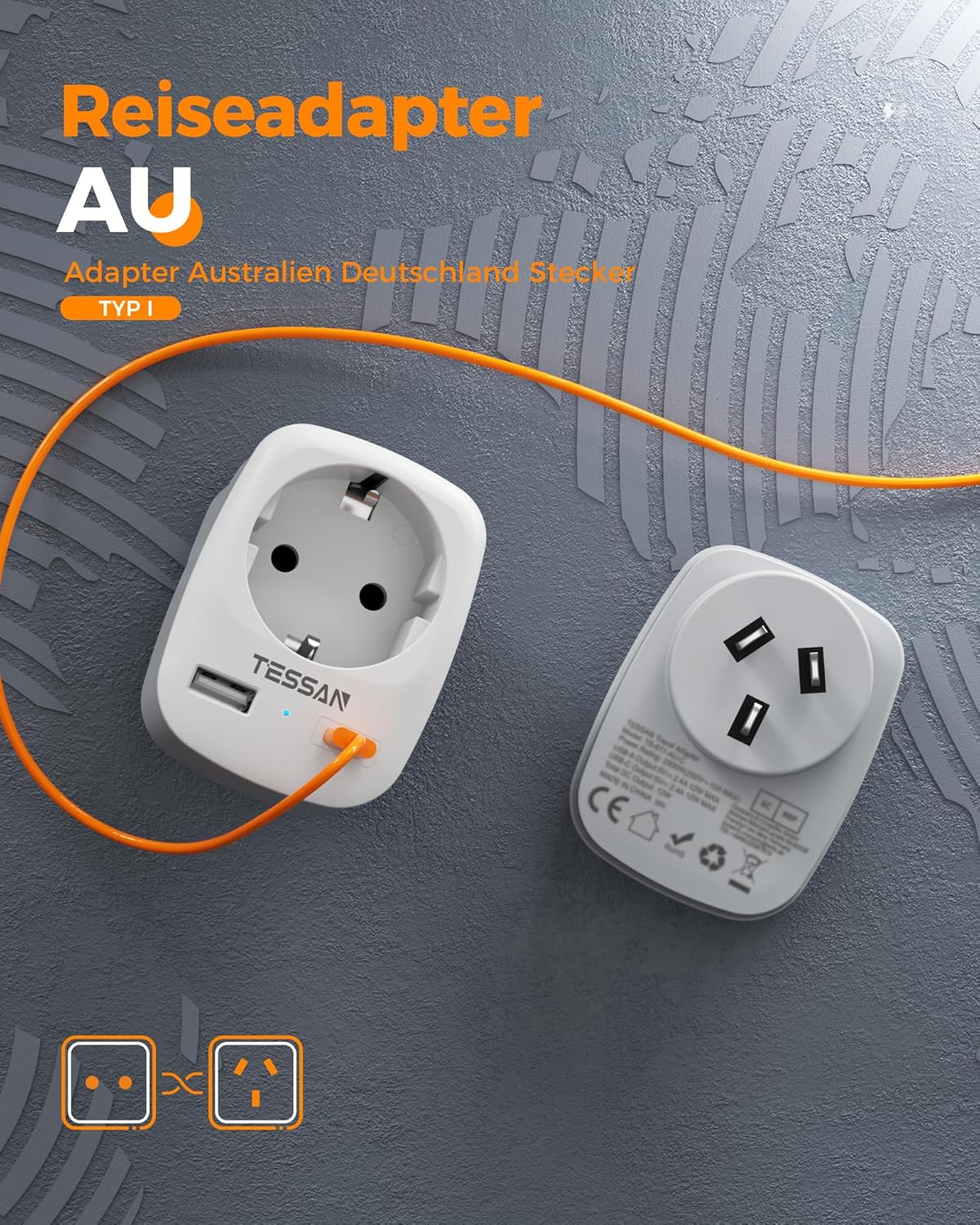 TESSAN 3-in-1 Reiseadapter Australien Typ I mit USB-C