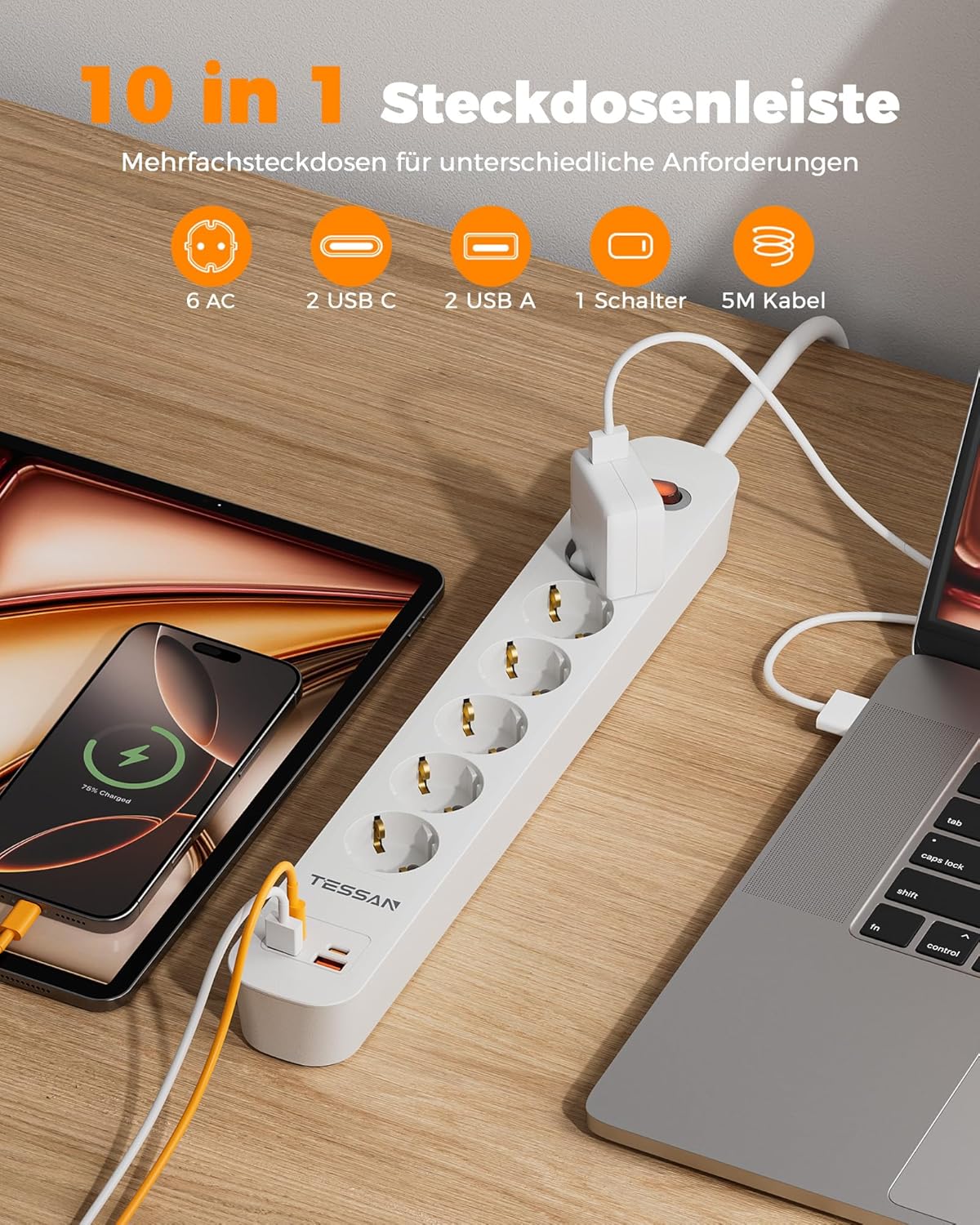 TESSAN Flachstecker Steckdosenleiste mit 20W USB-C