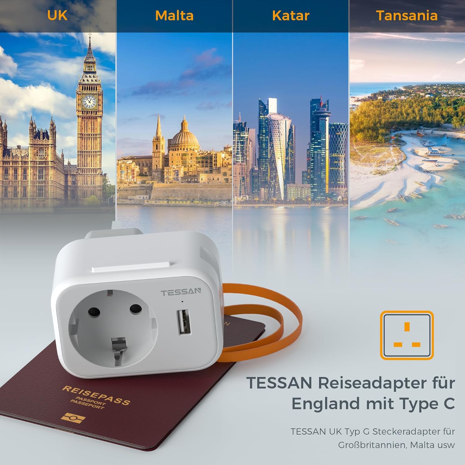 TESSAN 3 in 1 Reisestecker Typ G Steckdosenadapter mit 15 cm USB C Kabel