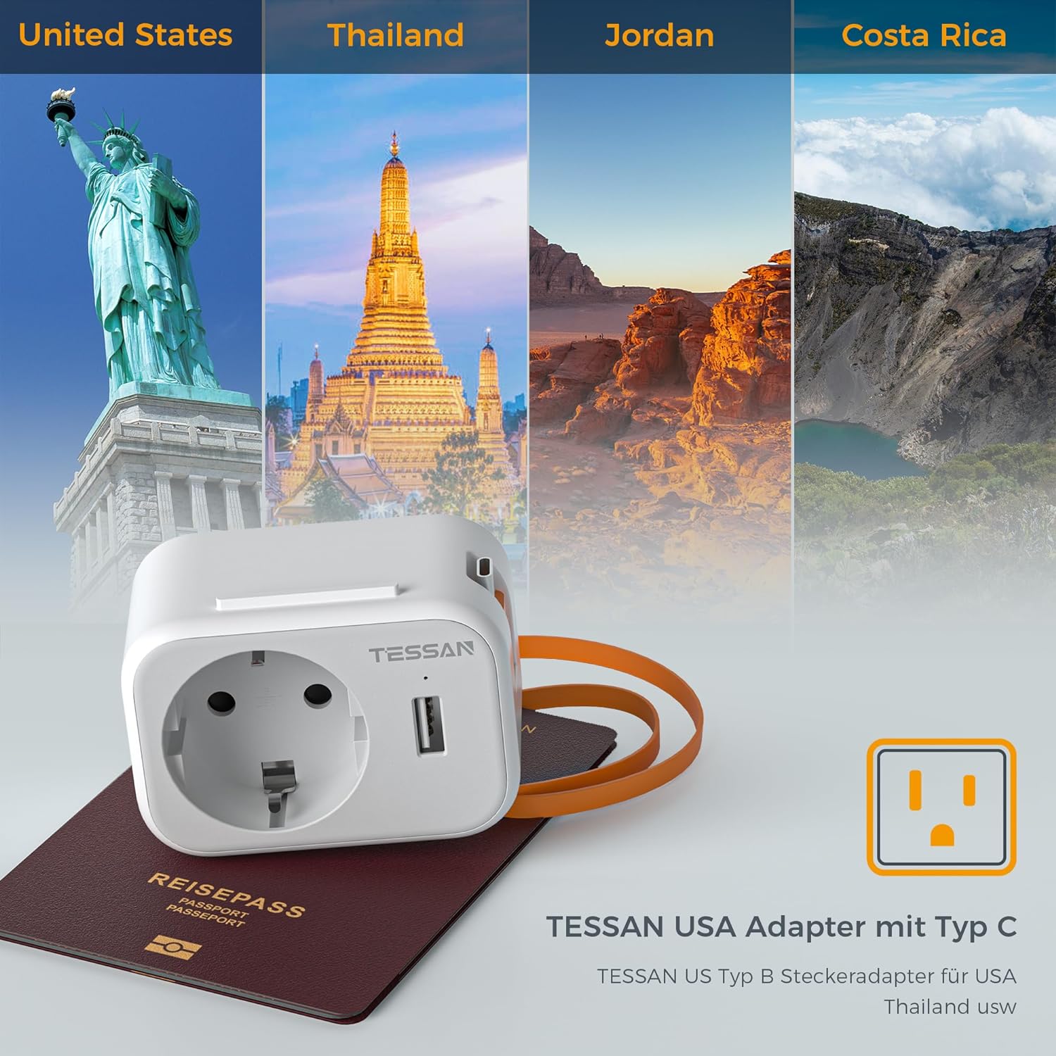 TESSAN  3 in 1 Reiseadapter USA mit 15 cm USB C Kabel,Typ B Reiseadapter