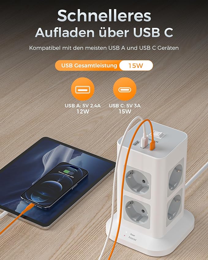 TESSAN 8 Fach Steckdosenleiste USB C Mehrfachstecker,mit 2M Verlängerungskabel