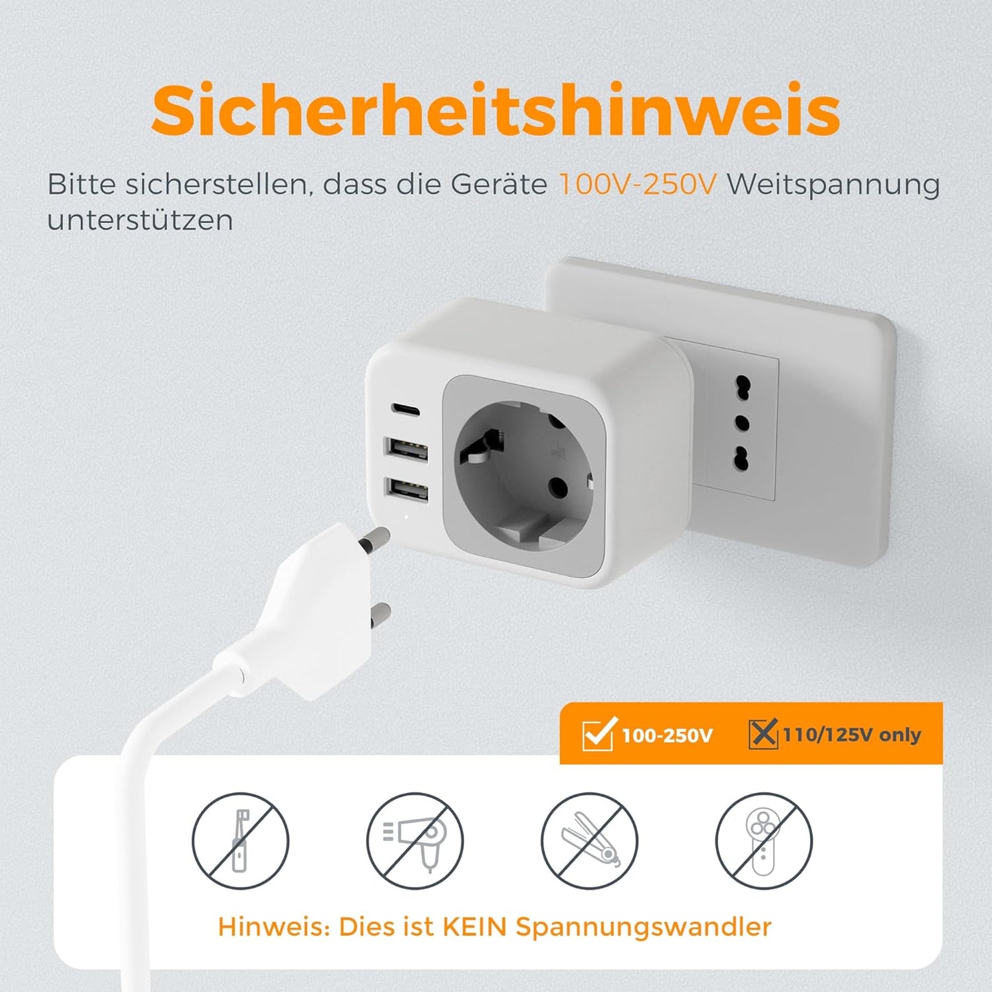 TESSAN Reiseadapter Italien Typ L mit USB-C Schnellladefunktion