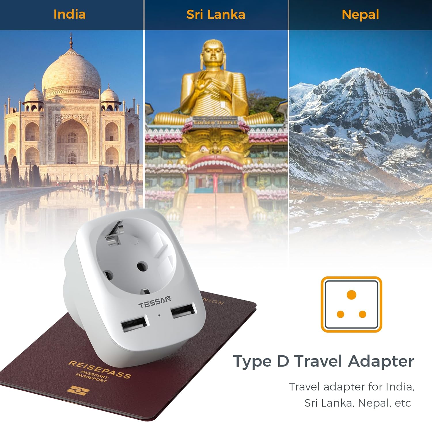 TESSAN 3 in 1 Reiseadapter für Indien mit 2 USB, Adapter Indien Steckdose,Typ D