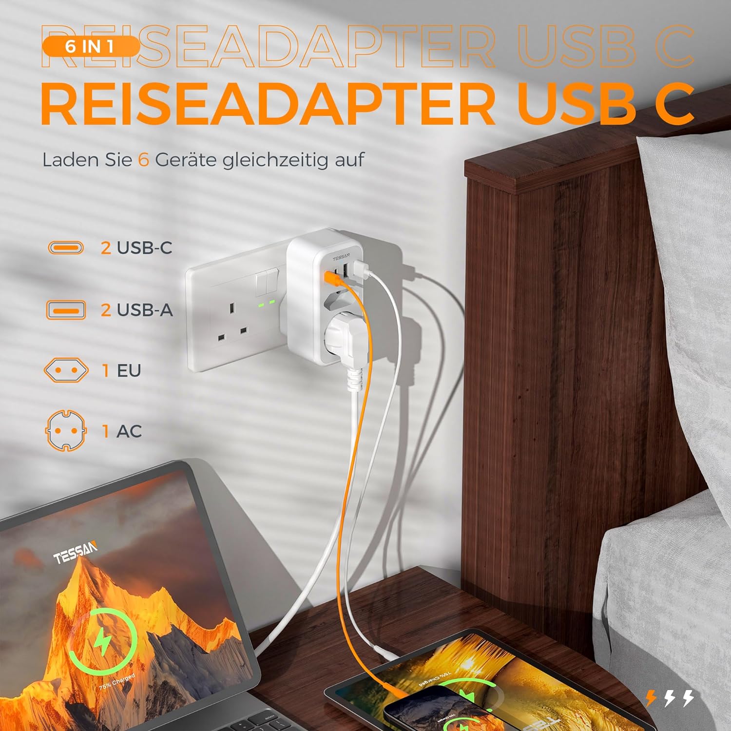 TESSAN 6 in 1 Reiseadapter UK mit 2 USB C und 2 USB A,Typ G